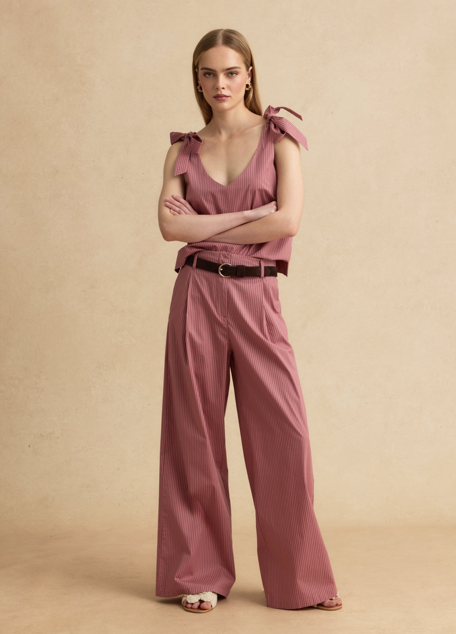 Pantaloni Rosa Palazzo In Cotone Elasticizzato A Righe