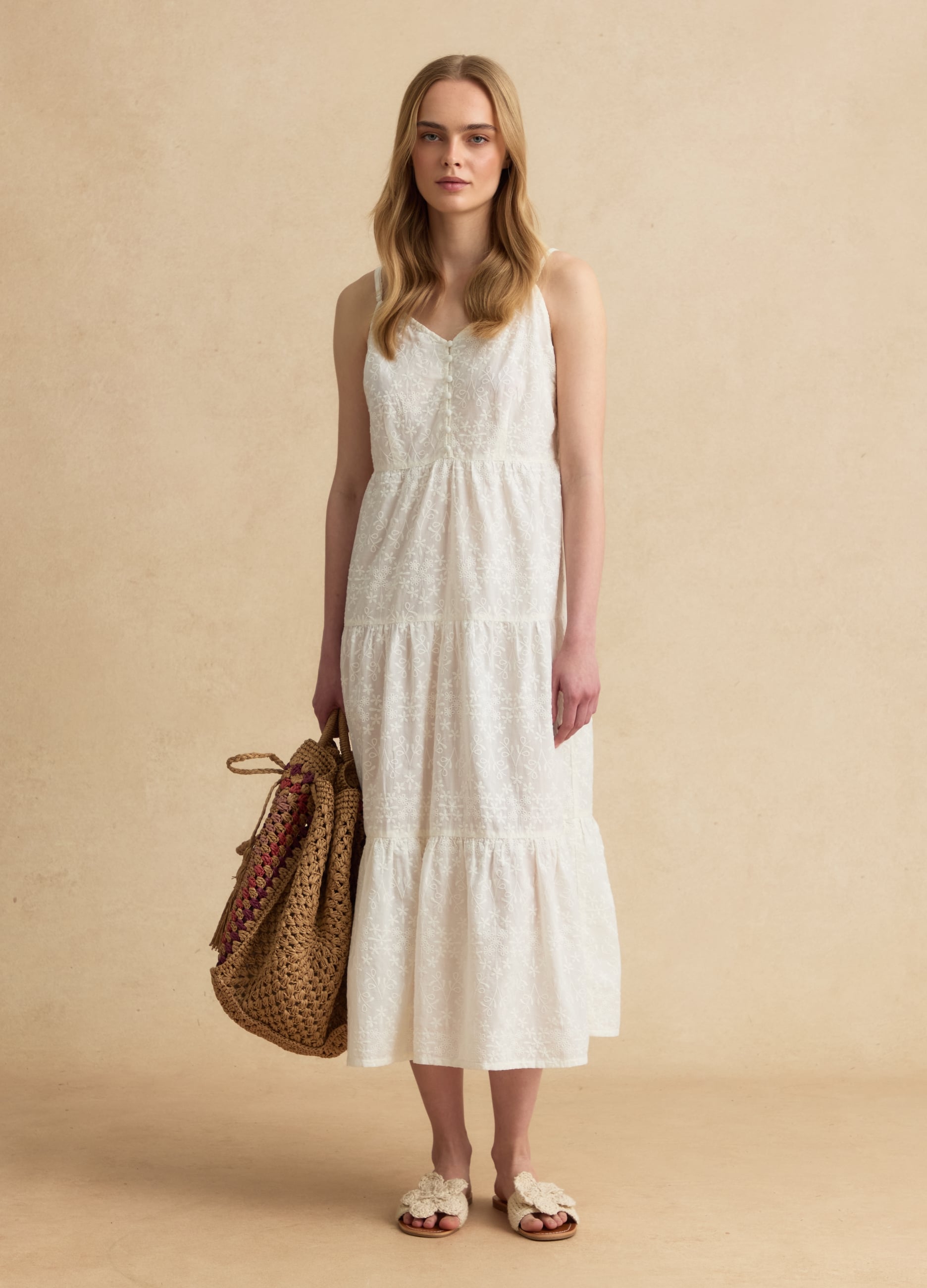 Abito Midi Bianco In Puro Cotone Con Ricamo