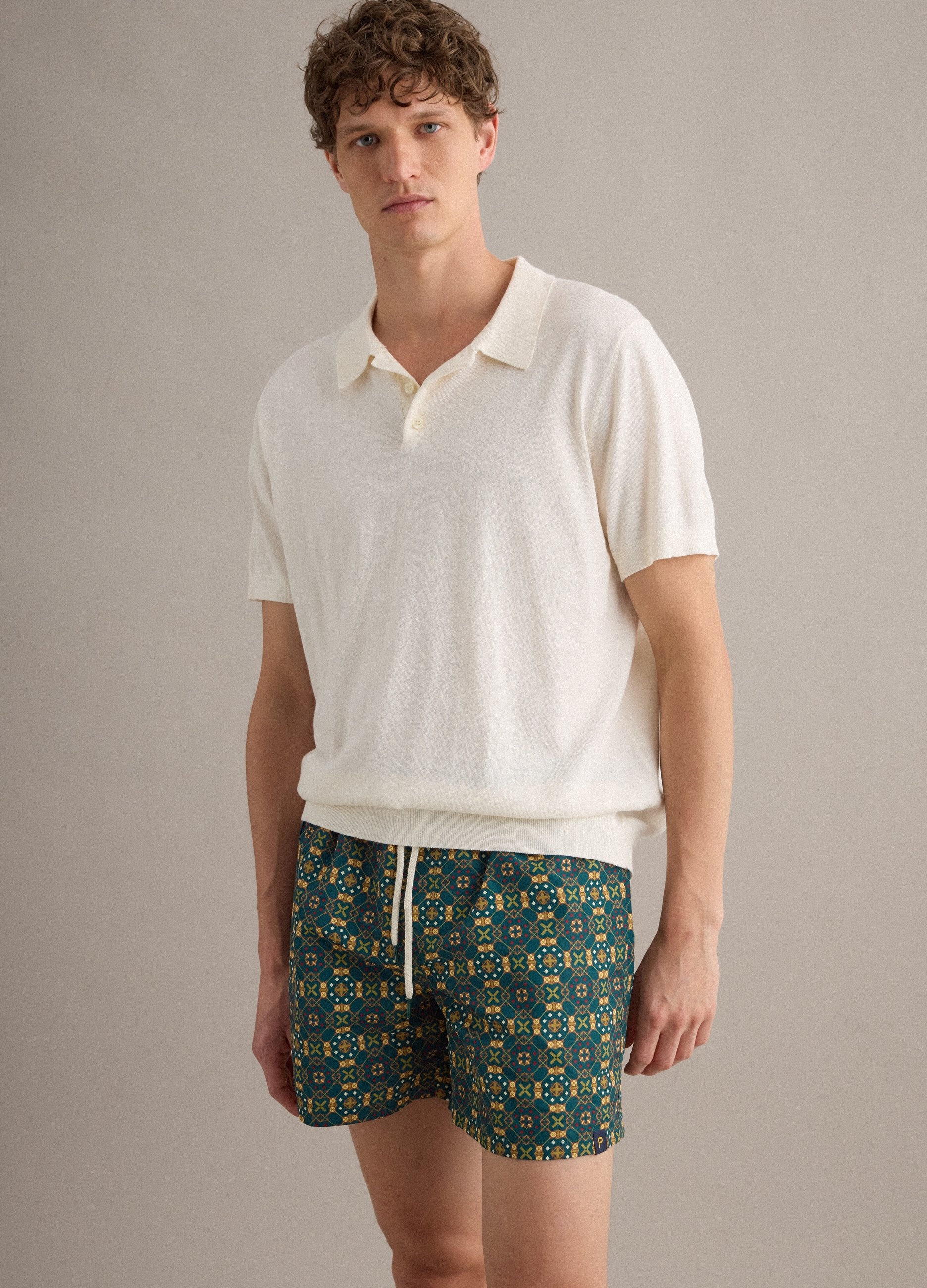 Boxer Mare Verde E Giallo Con Fantasia Geometrica E Vita Elastica