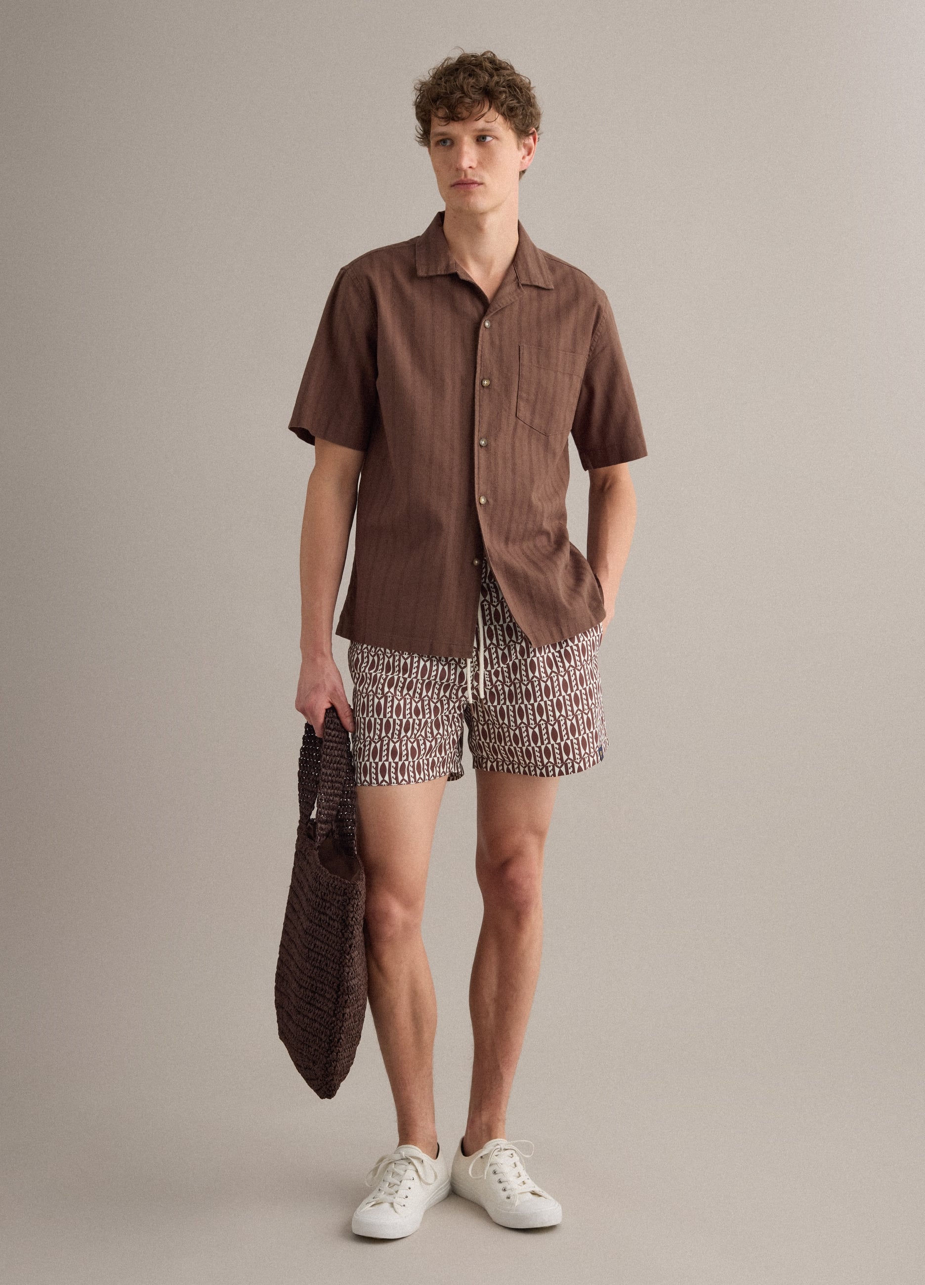 Boxer Mare Bianco E Marrone Con Fantasia Geometrica A Pesci