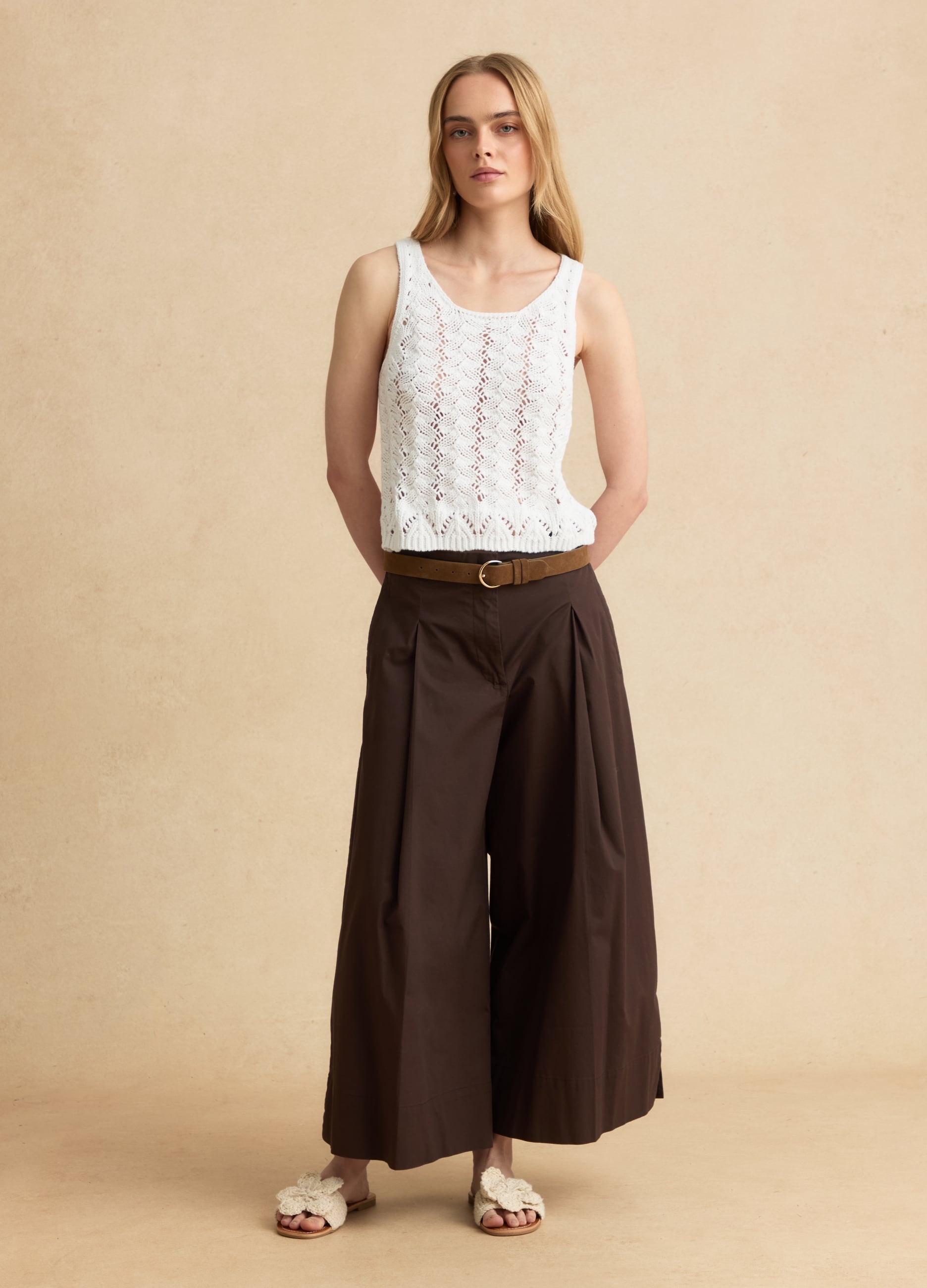 Pantaloni Culotte Marroni In Cotone Elasticizzato