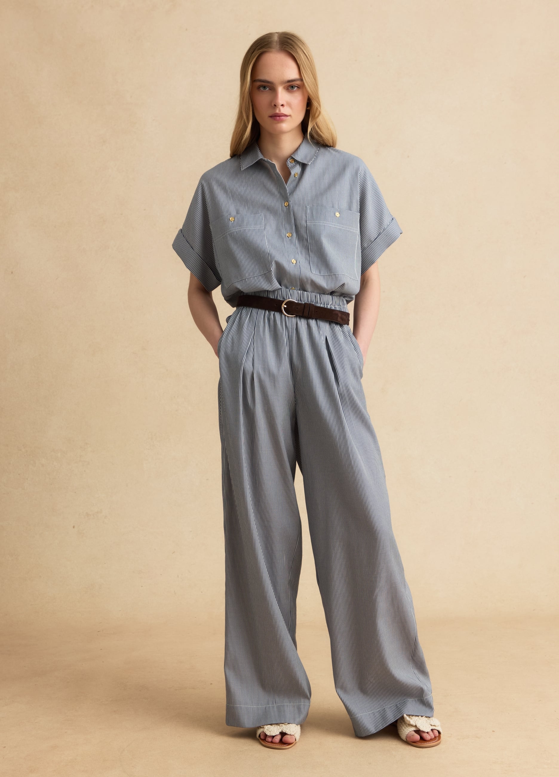 Pantaloni Palazzo A Righe Bianche E Blu In Misto Cotone Regular Fit