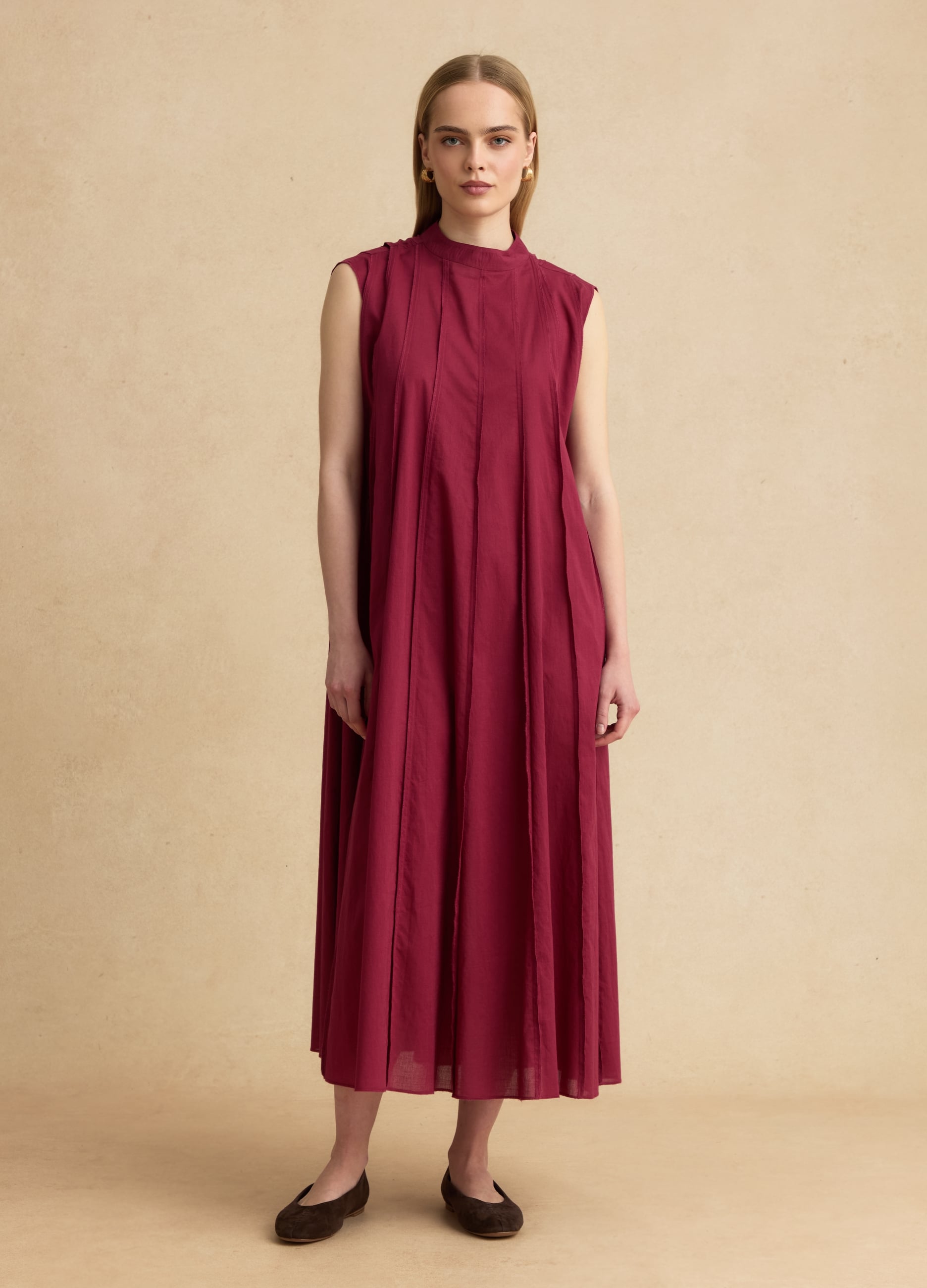 Abito Midi Rosso In Puro Cotone Regular Fit Con Pieghe Verticali