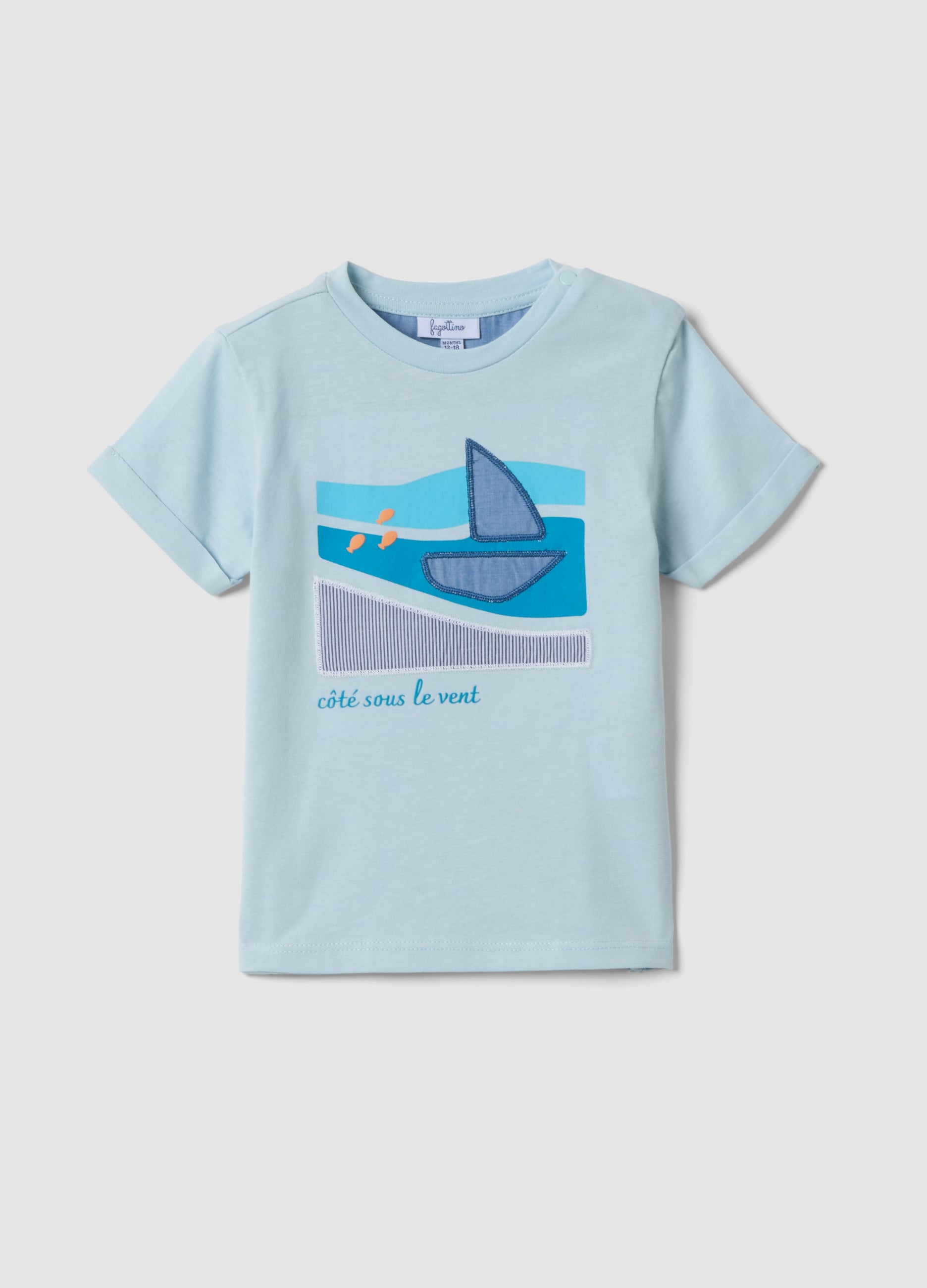 T-shirt Azzurra In Puro Cotone Da Bimbo Con Barchetta Ricamata