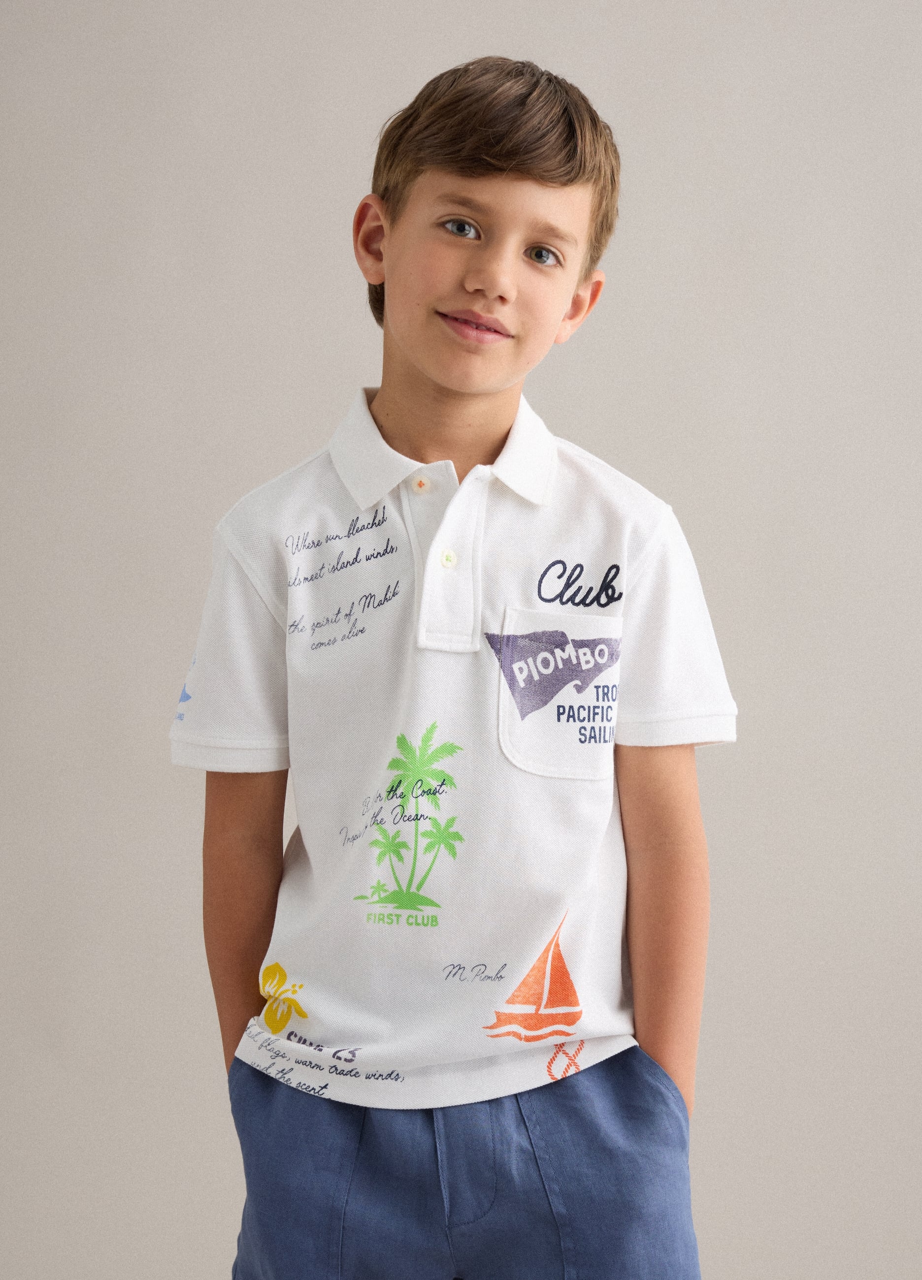 Polo Bianca In Puro Cotone Da Bambino Con Grafiche Marittime