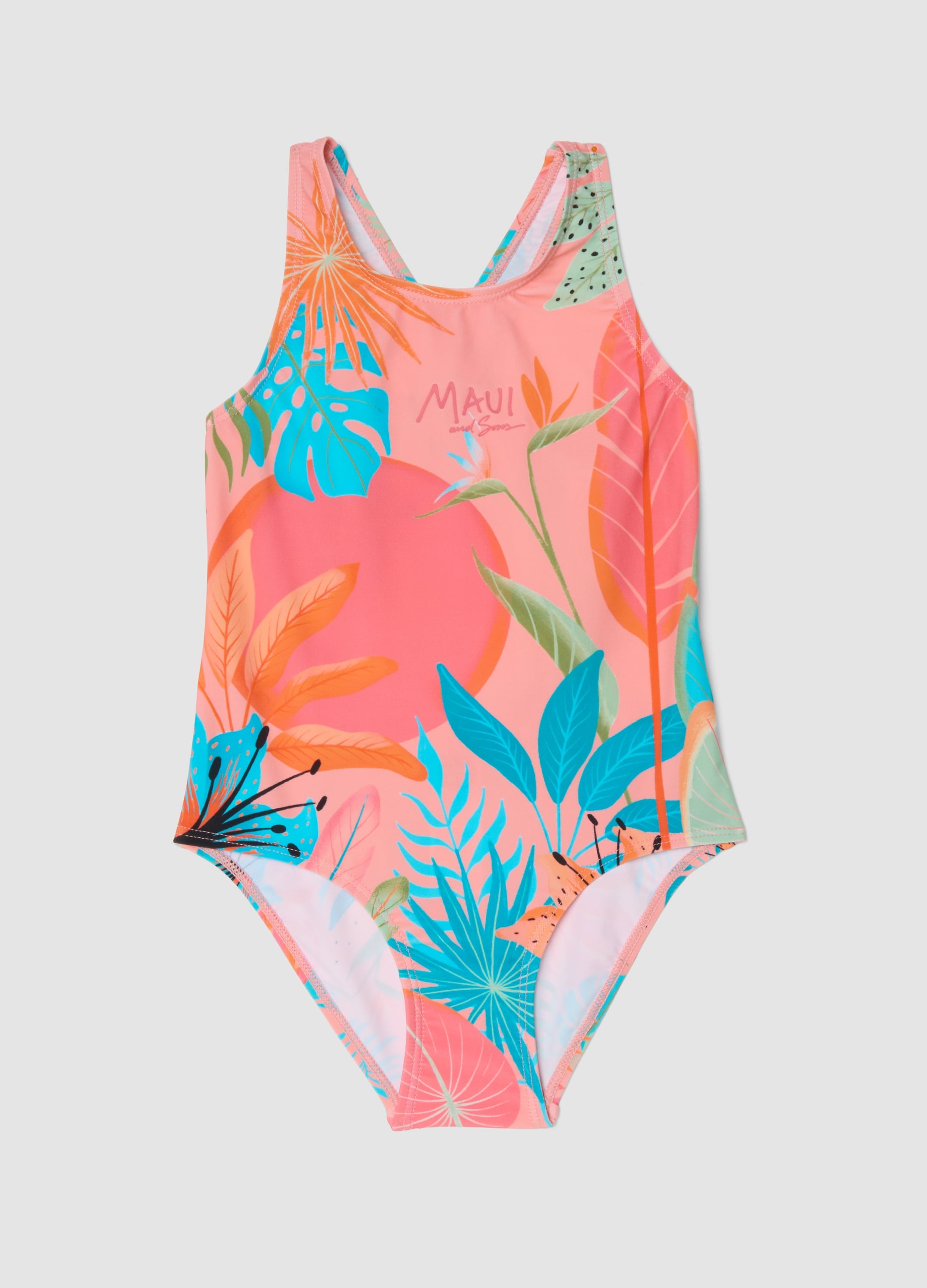 Costume Intero Rosa Con Fantasia Tropicale Per Bambina