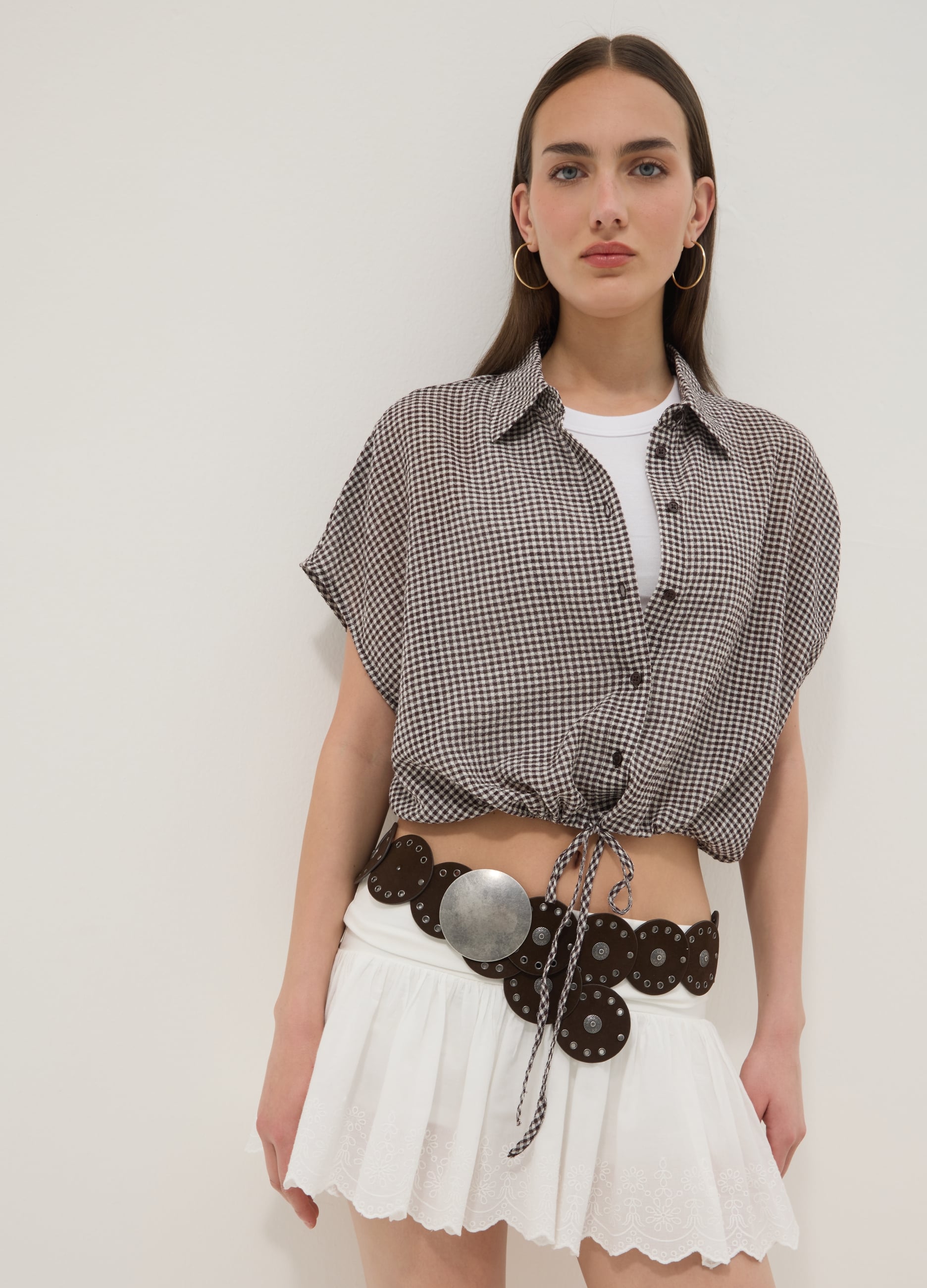 Camicia Crop A Quadretti Multicolor In Cotone Elasticizzato