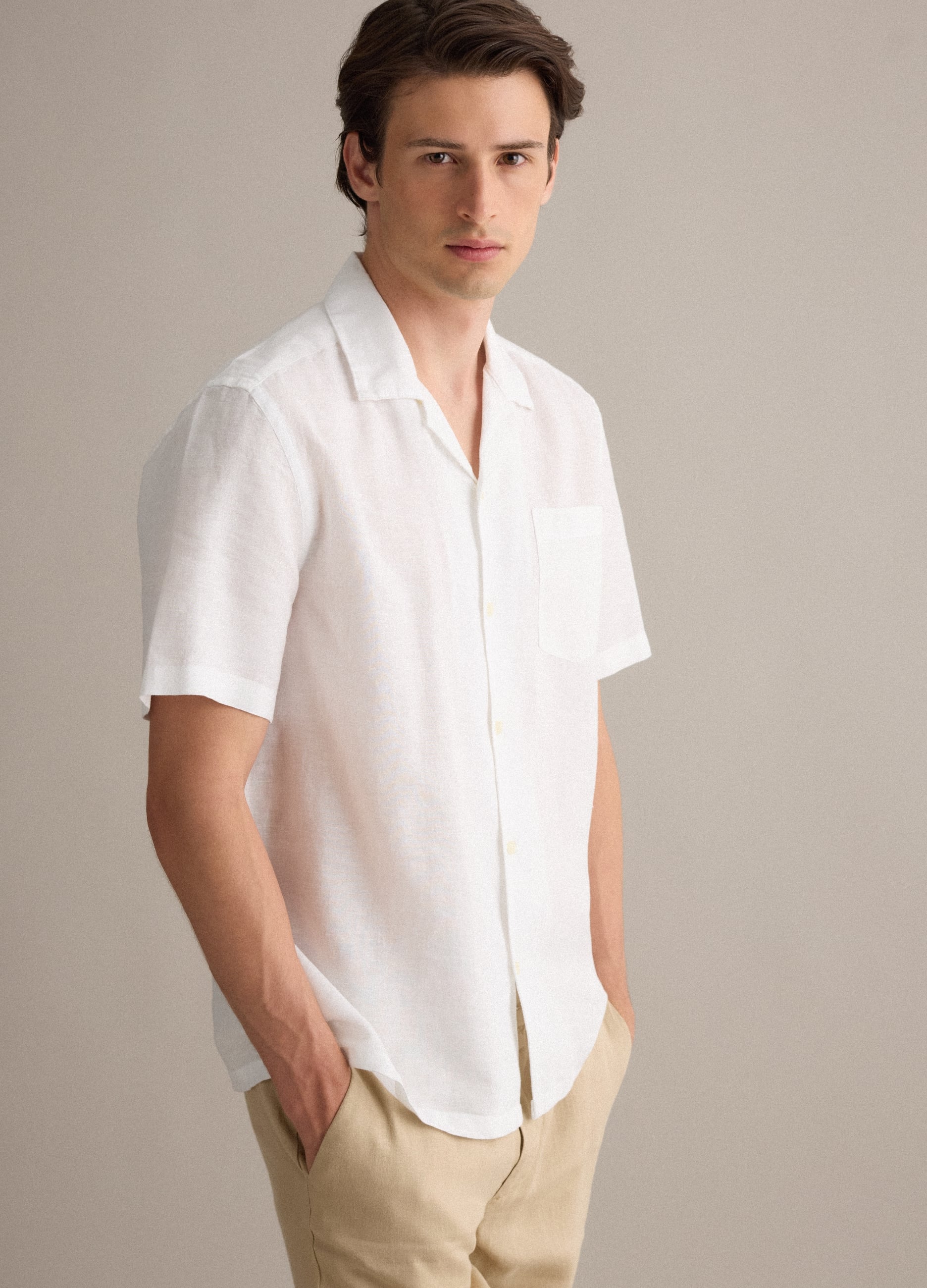 Camicia Bianca In Misto Lino E Cotone Con Collo Bowling Regular Fit