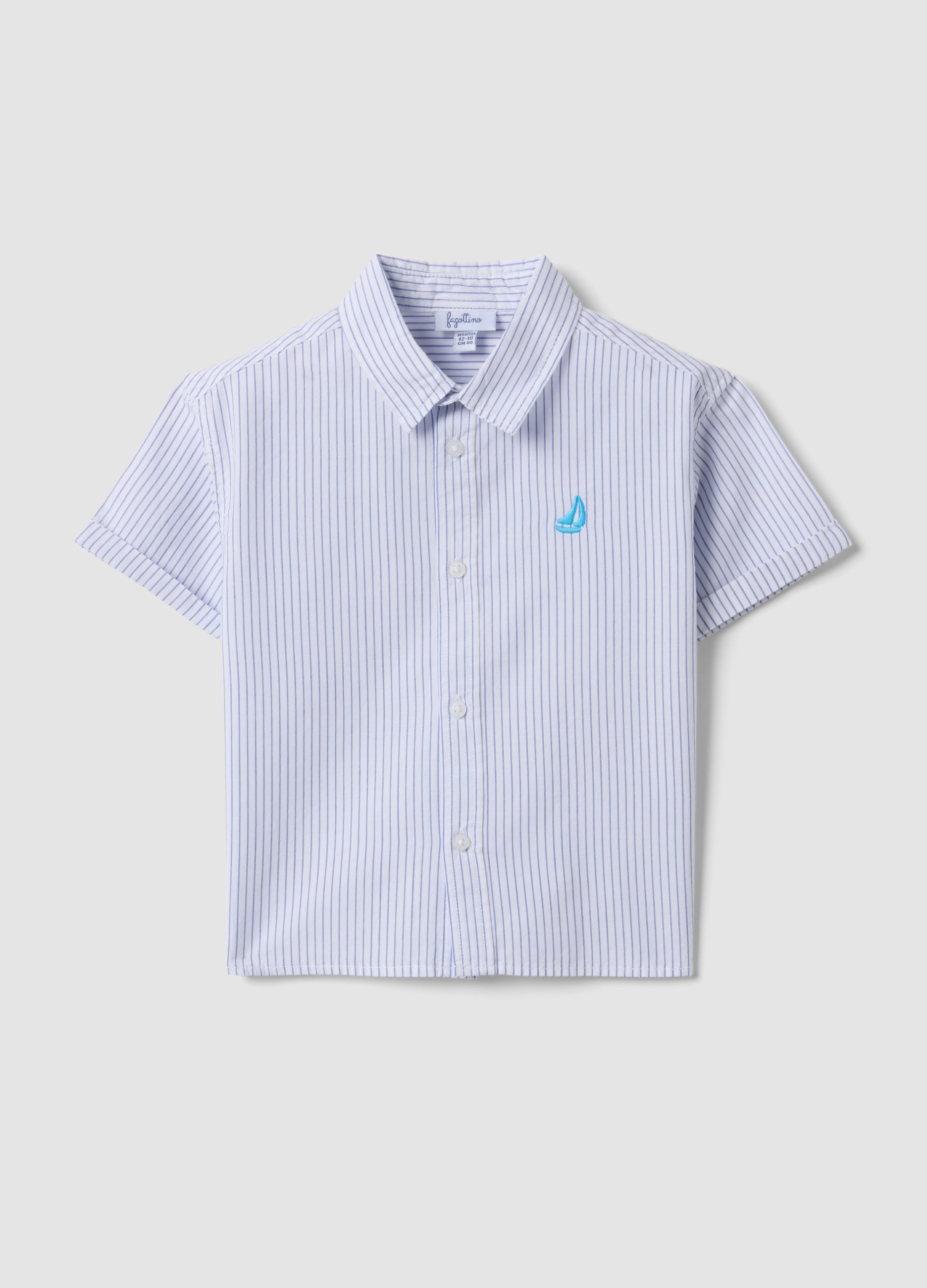 Camicia Azzurra A Righe In Puro Cotone Con Ricamo Per Bimbo Regular Fit
