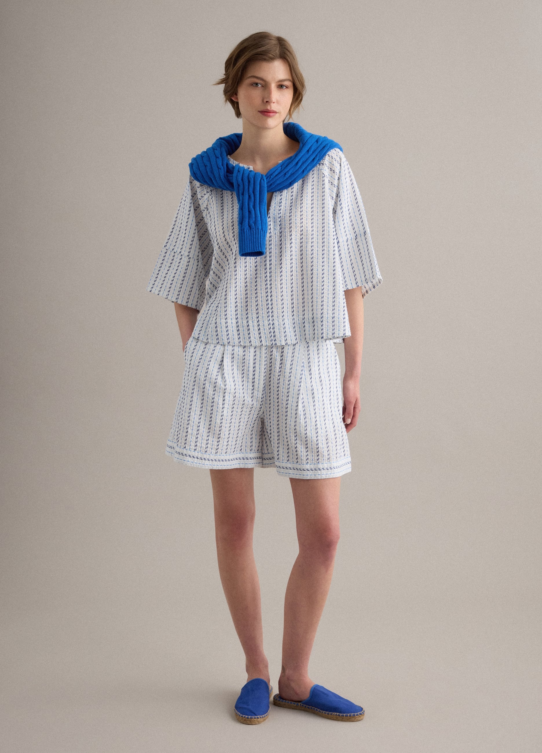 Shorts Bianchi In Puro Cotone A Righe