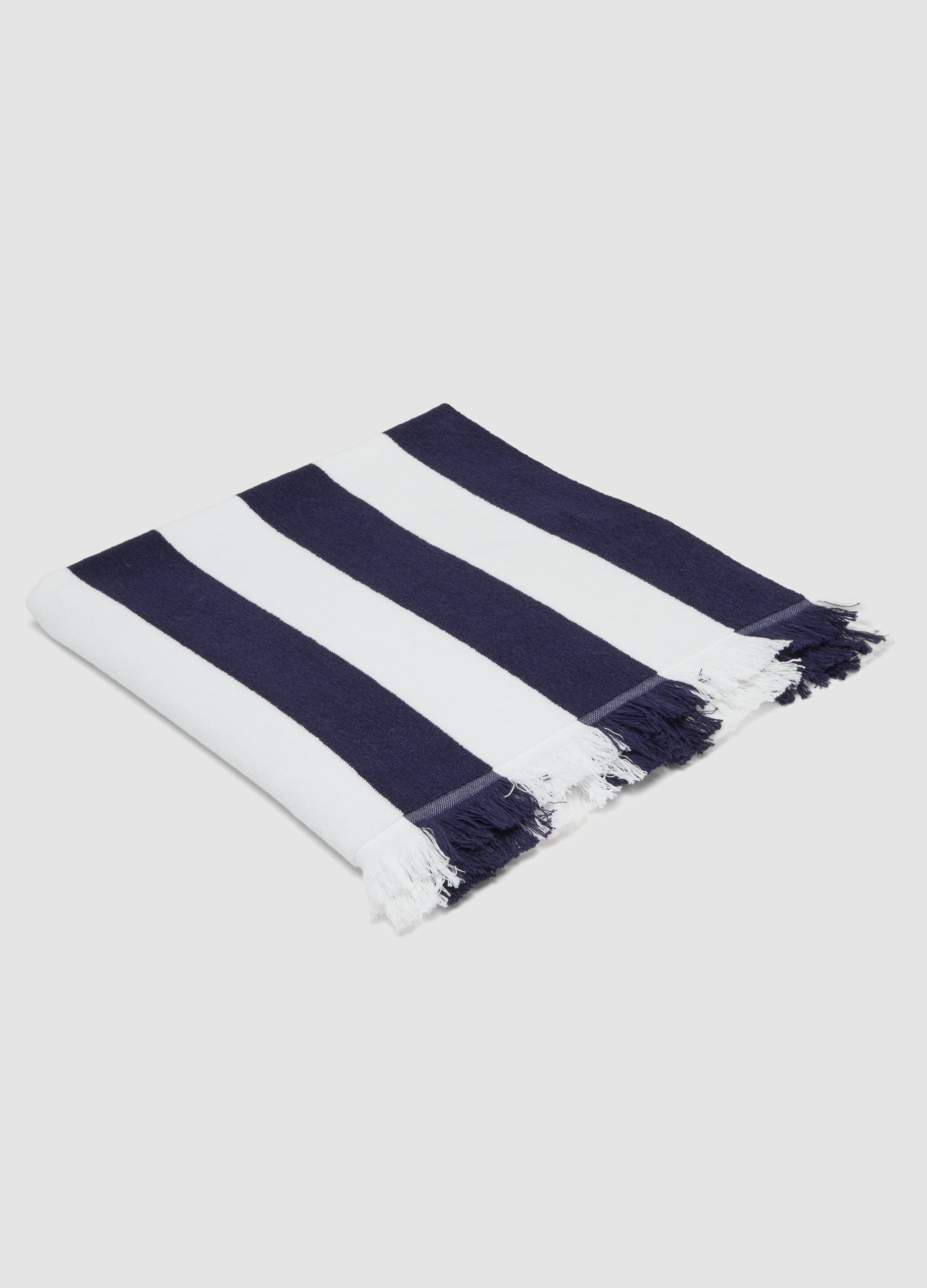 Telo Mare Blu E Bianco In Puro Cotone Con Frange