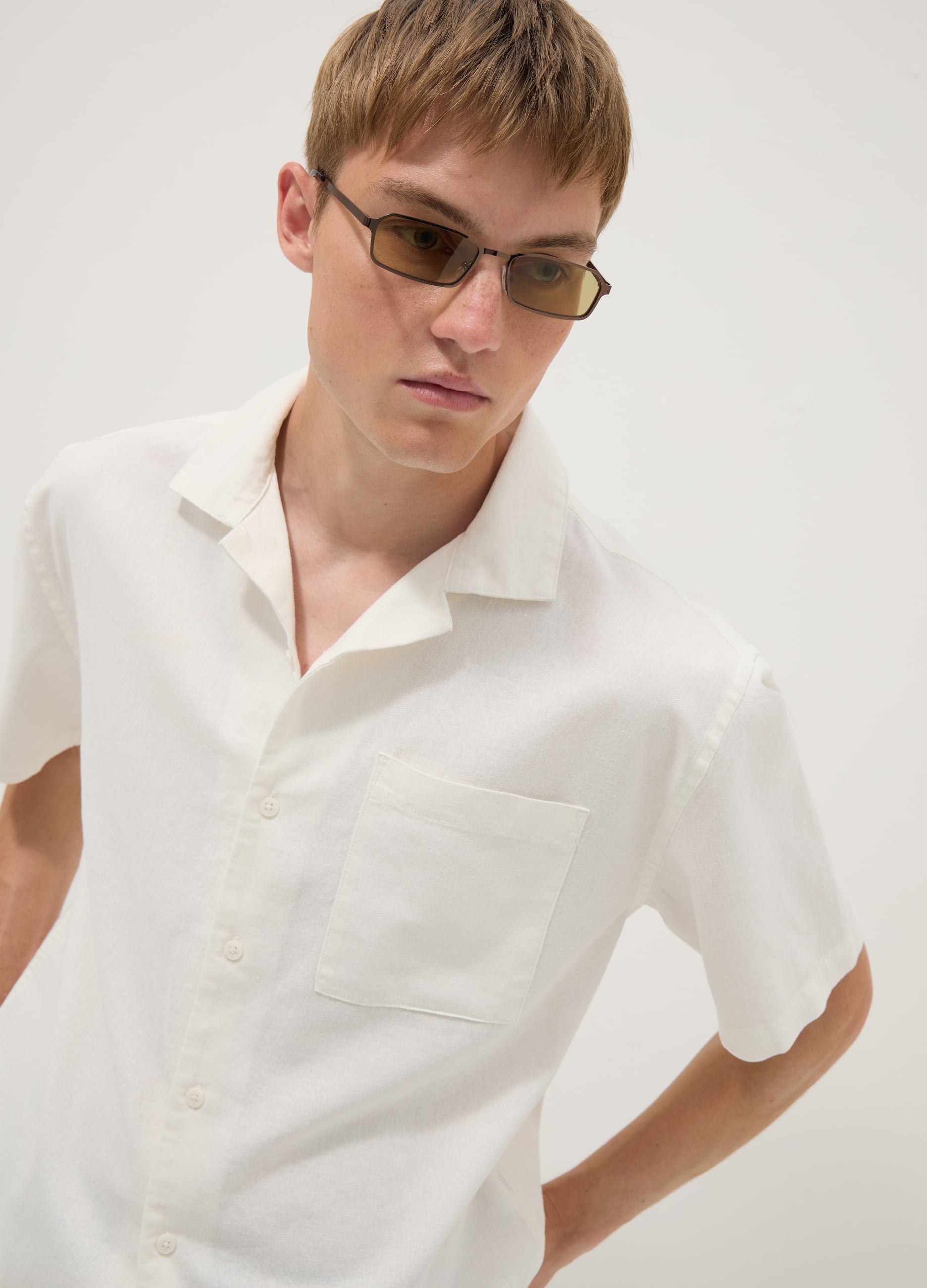 Camicia Bianca In Misto Lino E Cotone