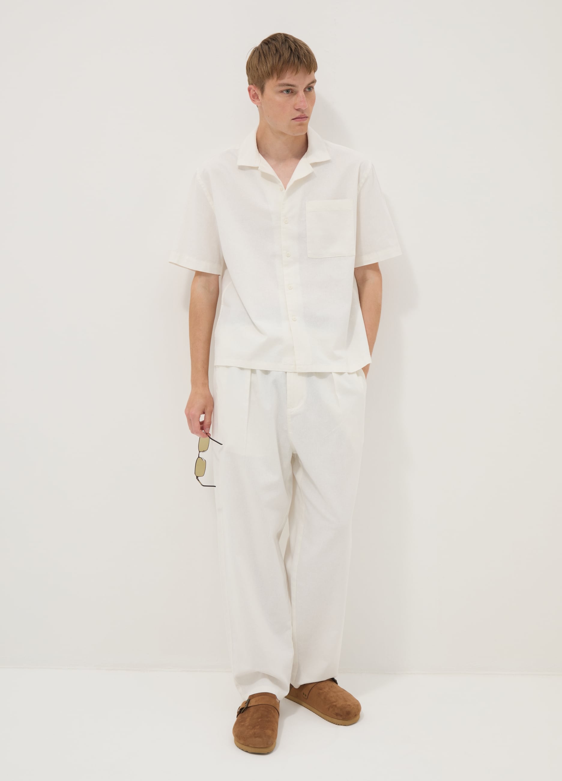 Pantaloni Bianchi In Misto Lino E Cotone Con Vita Elasticizzata