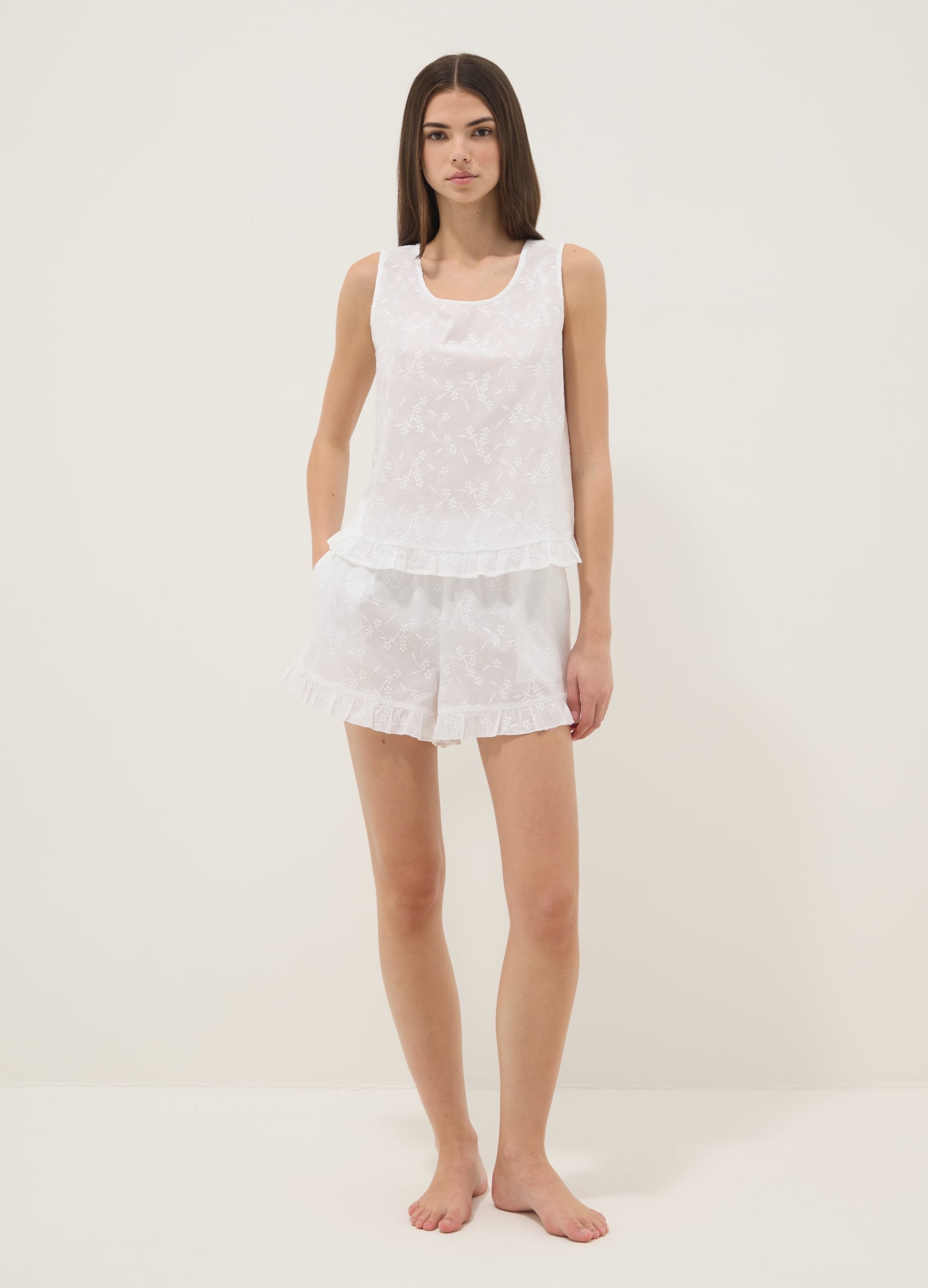 Pigiama Bianco In Puro Cotone Con Top Smanicato E Shorts