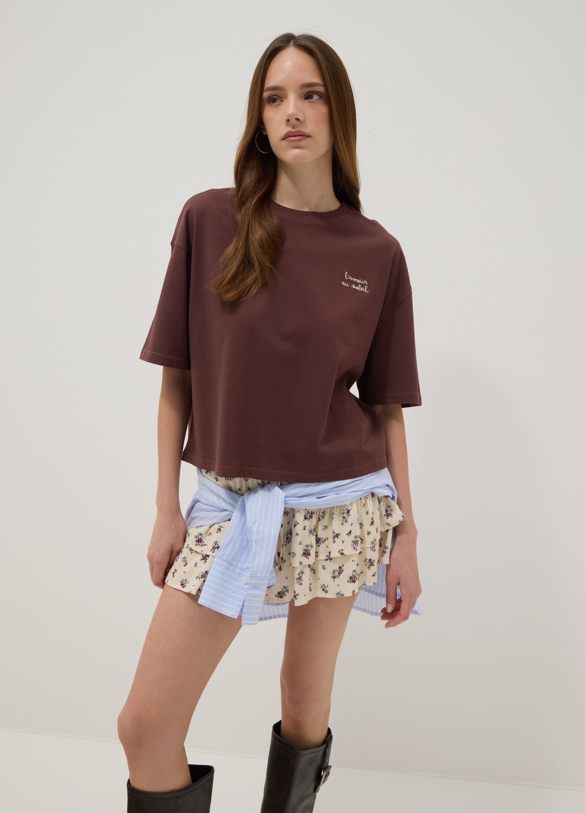 T-shirt Marrone In Puro Cotone Con Ricamo Boxy Fit