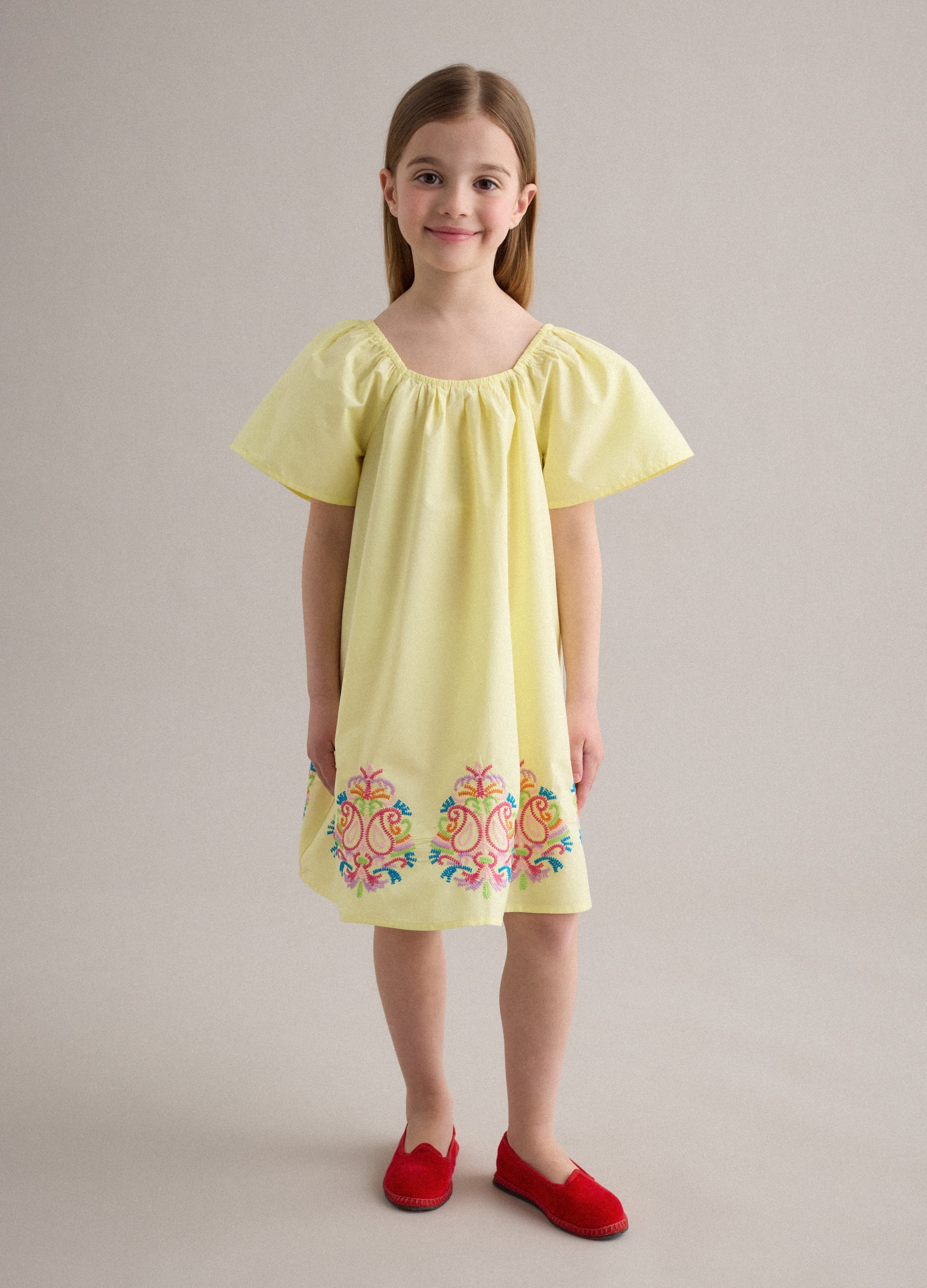 Abito Giallo In Puro Cotone Con Ricami Regular Fit