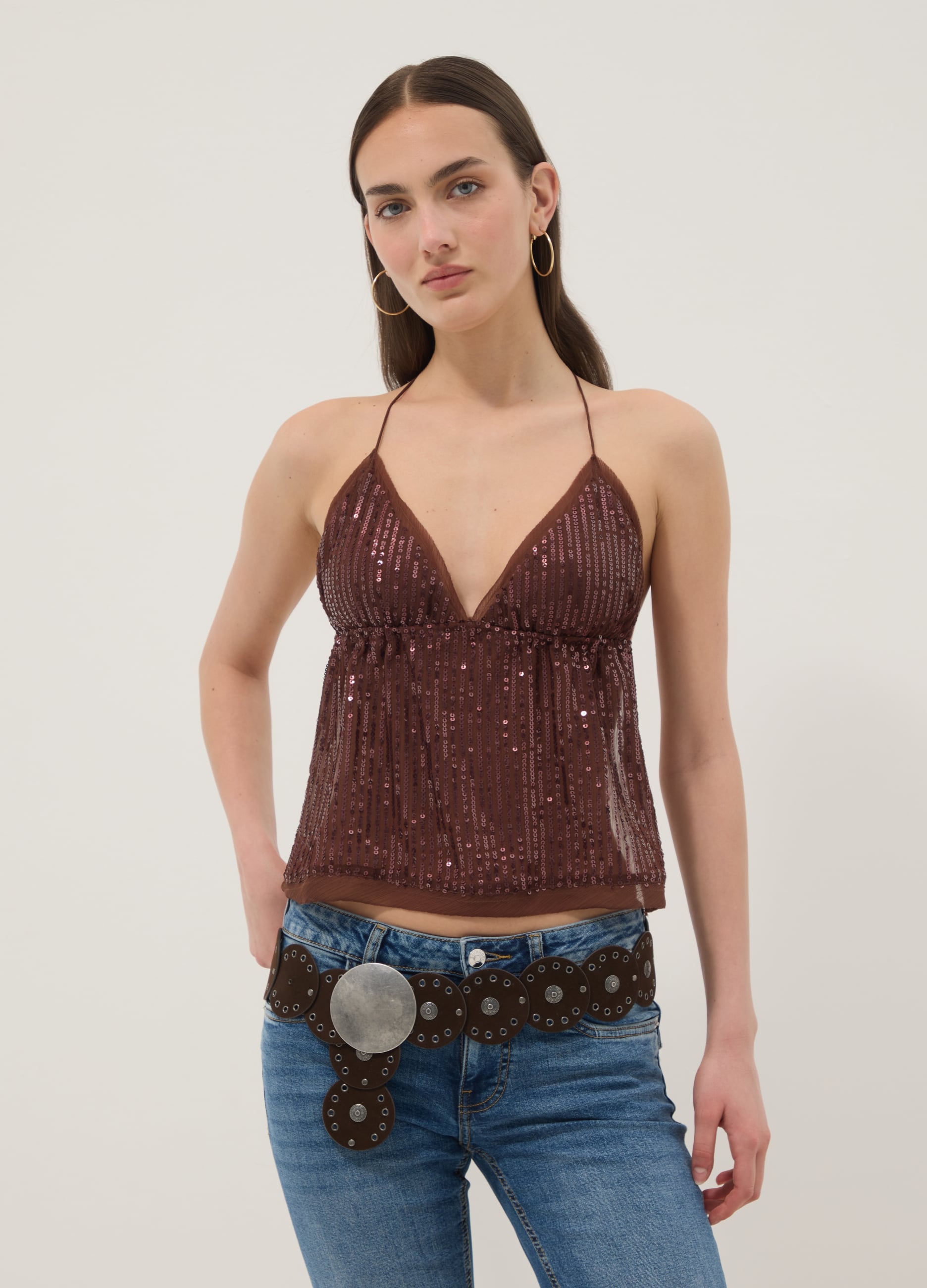 Top Marrone Con Paillettes E Spalline Sottili Regular Fit