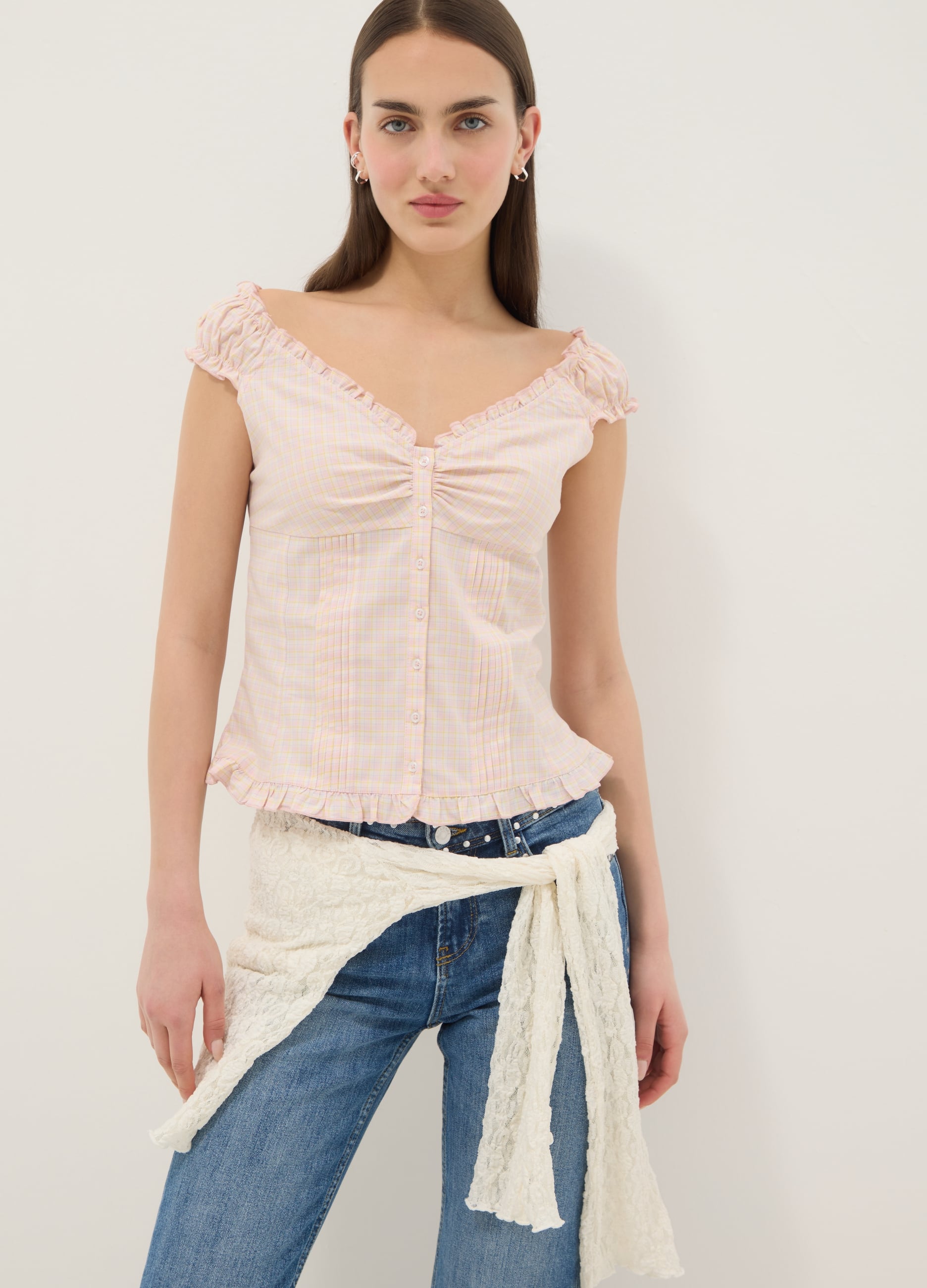 Blusa Rosa In Cotone Elasticizzato Con Bottoni E Ruches Regular Fit