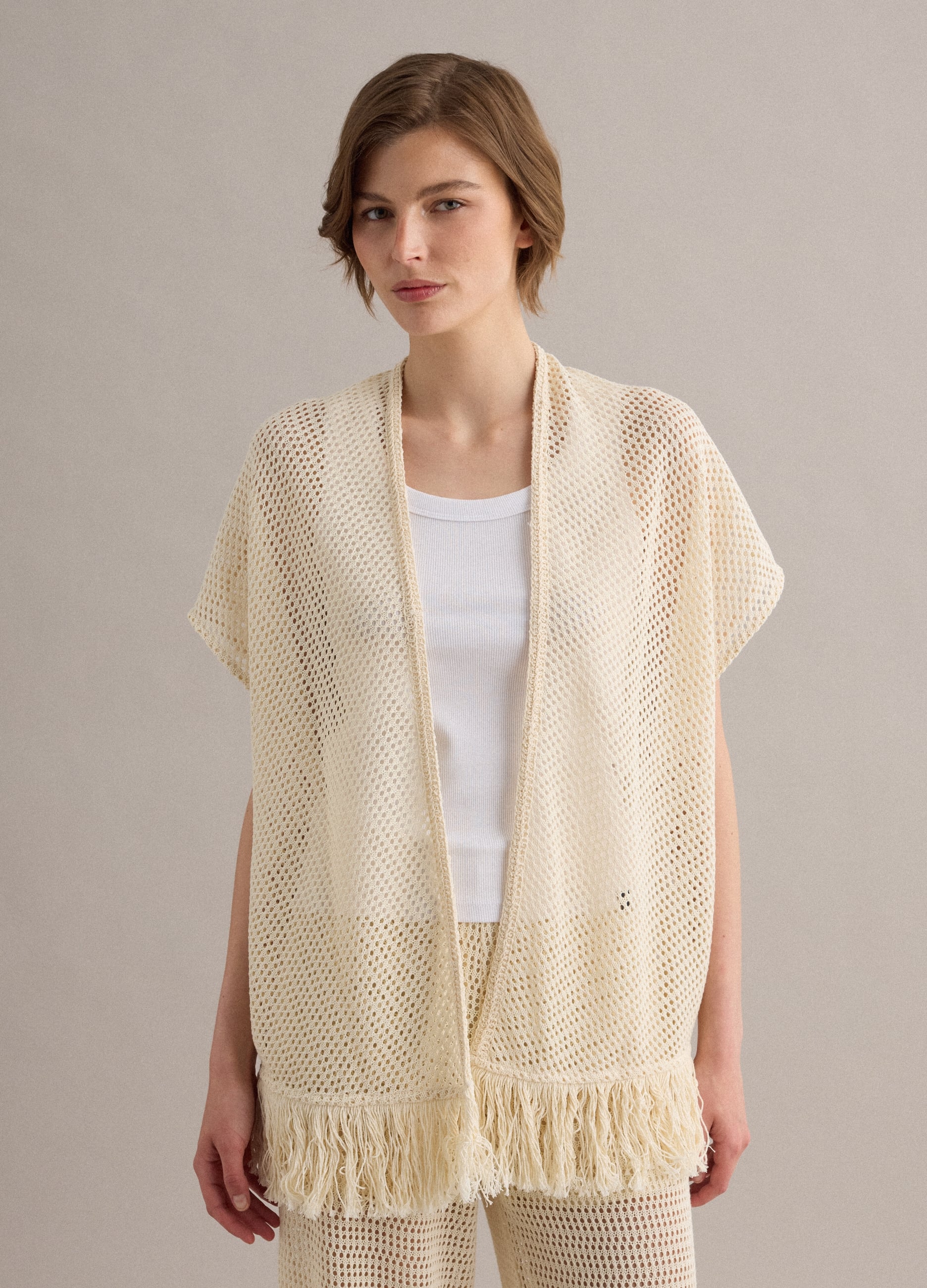 Cardigan Bianco In Crochet Di Misto Viscosa Con Frange Regular Fit