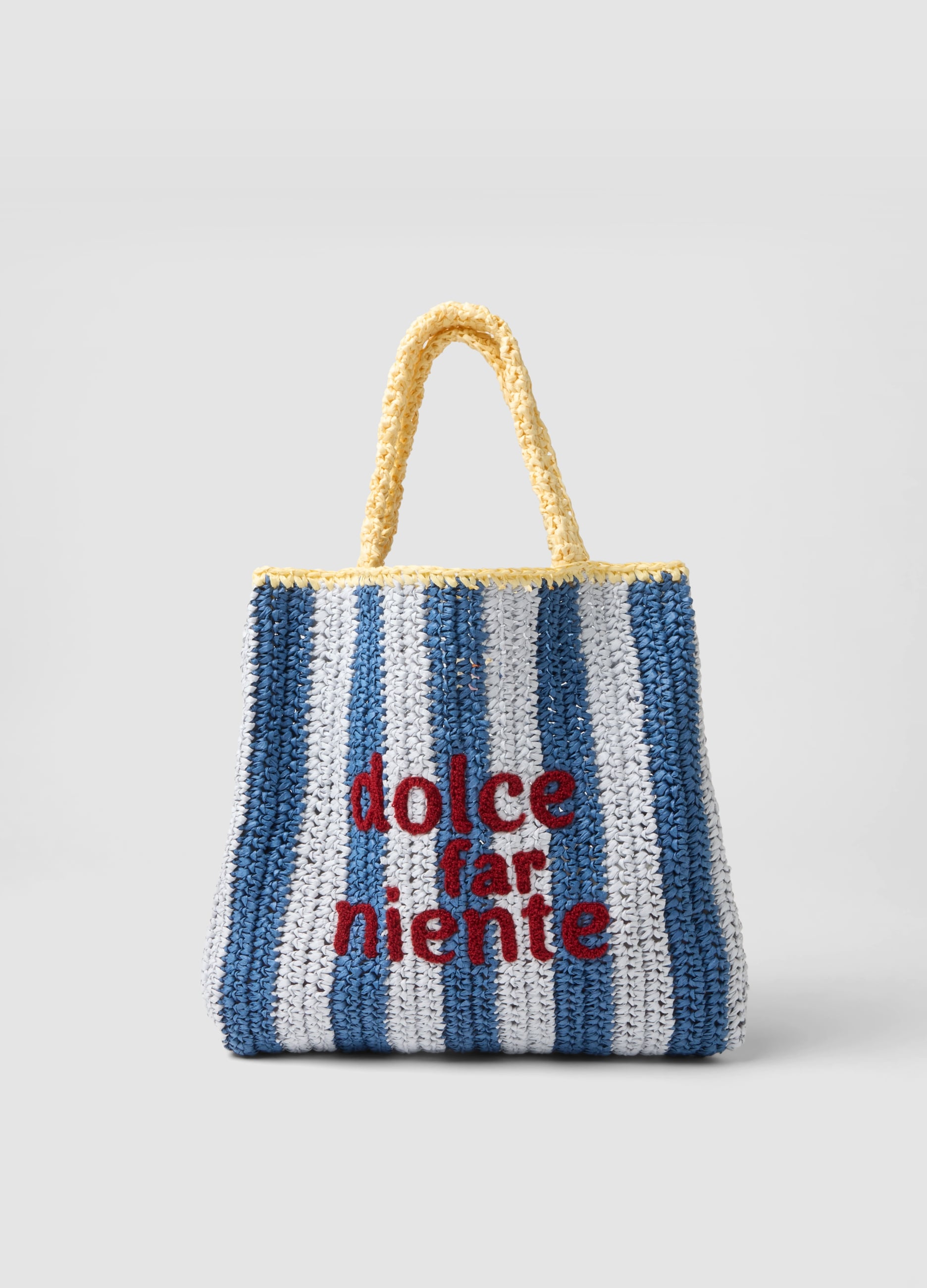 Borsa Mare A Righe Multicolor In Puro Tessuto Carta Con Scritta