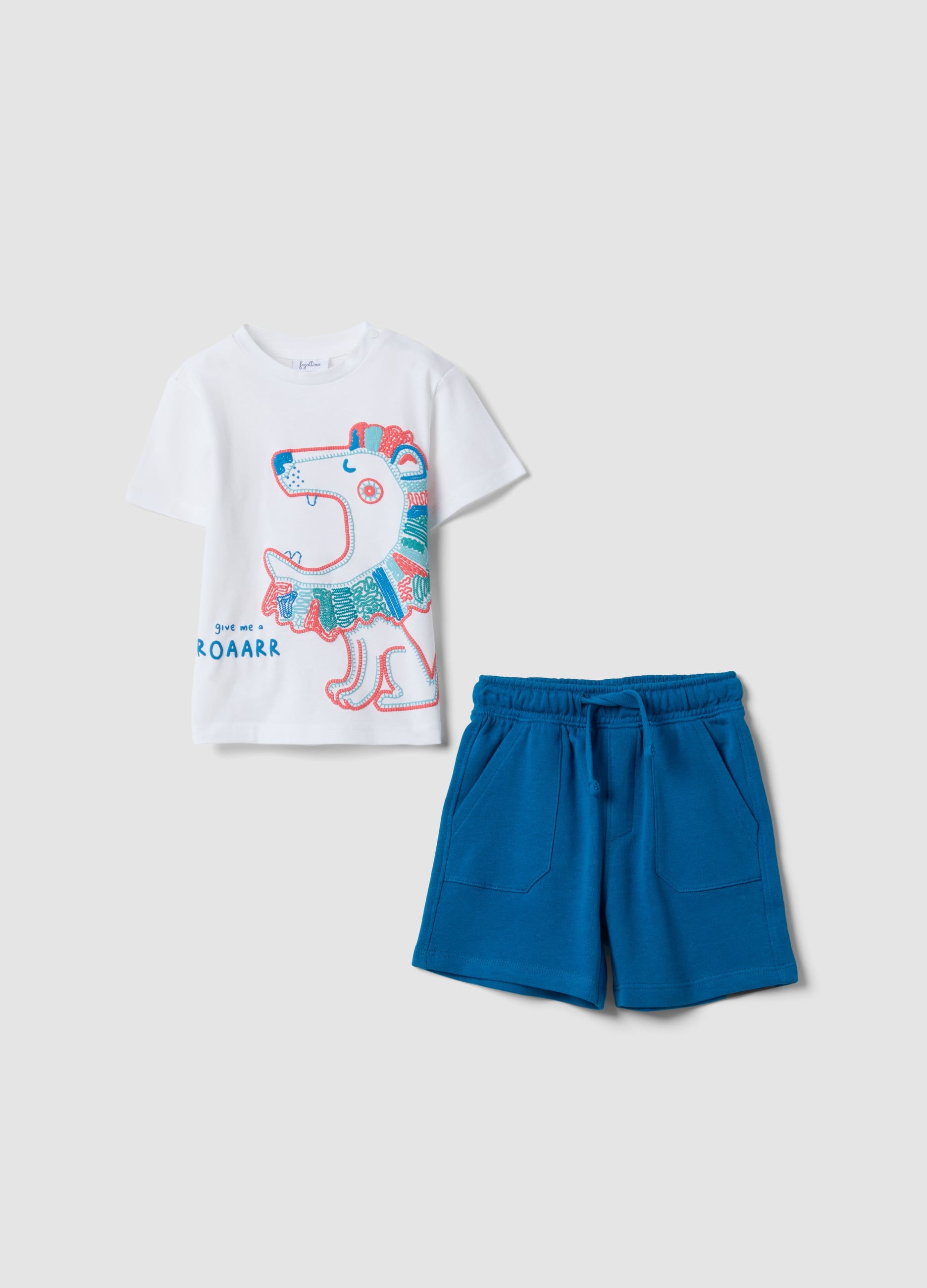 Completo Bianco E Blu In Puro Cotone Con T-shirt E Shorts Per Bimbo Regular Fit