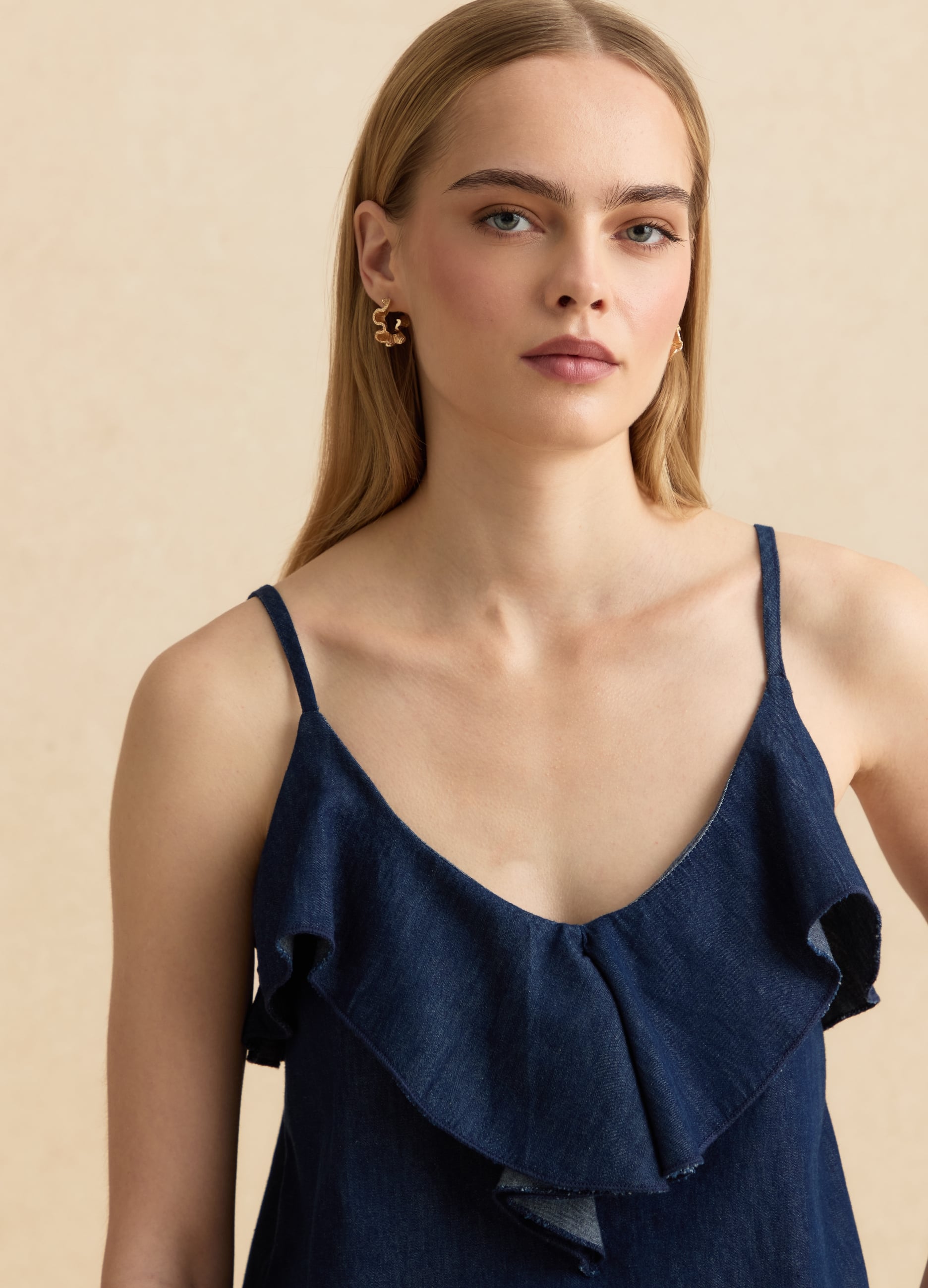 Top Blu In Puro Cotone Con Volant