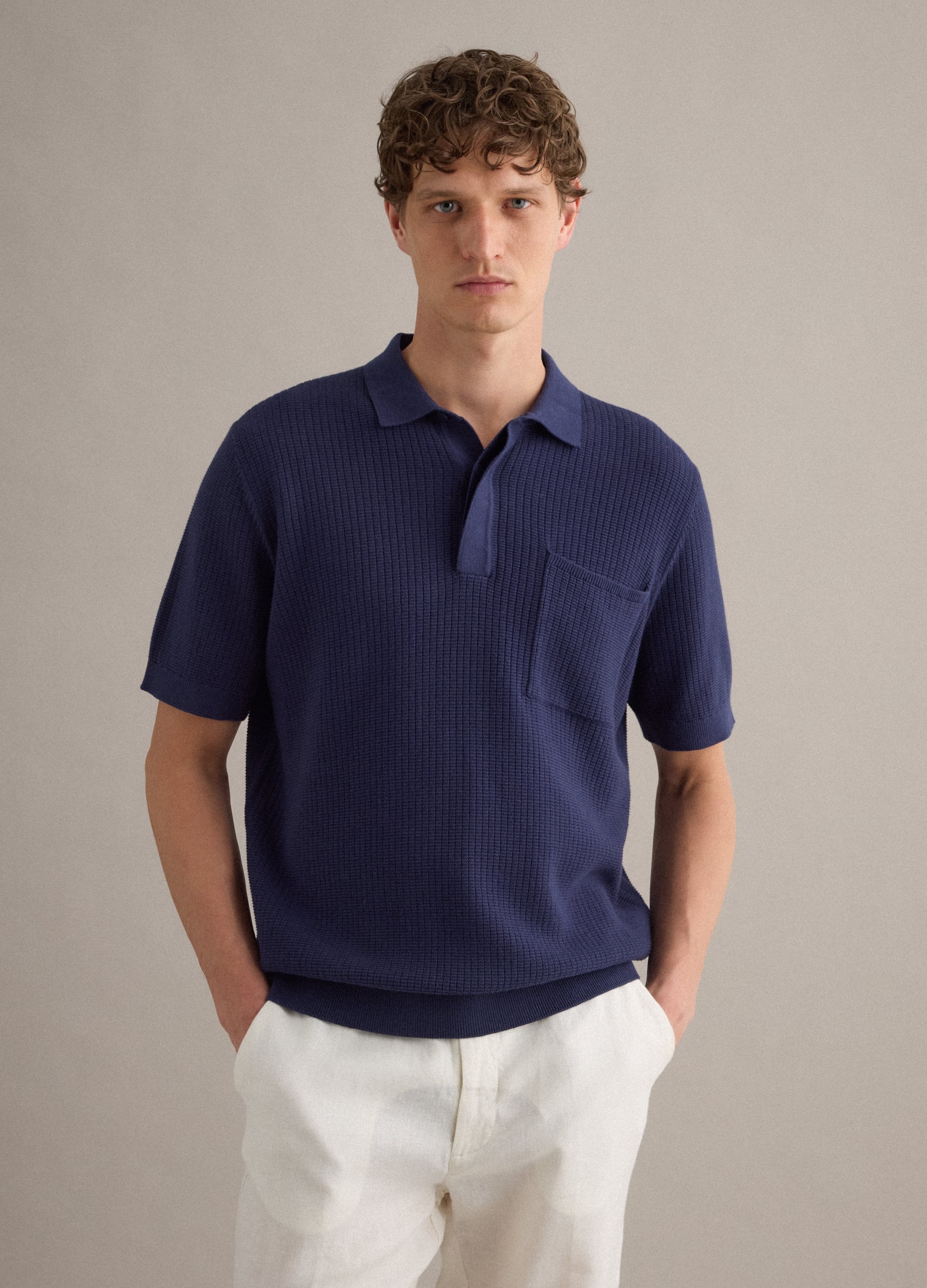 Polo Blu In Puro Cotone Con Taschino Regular Fit