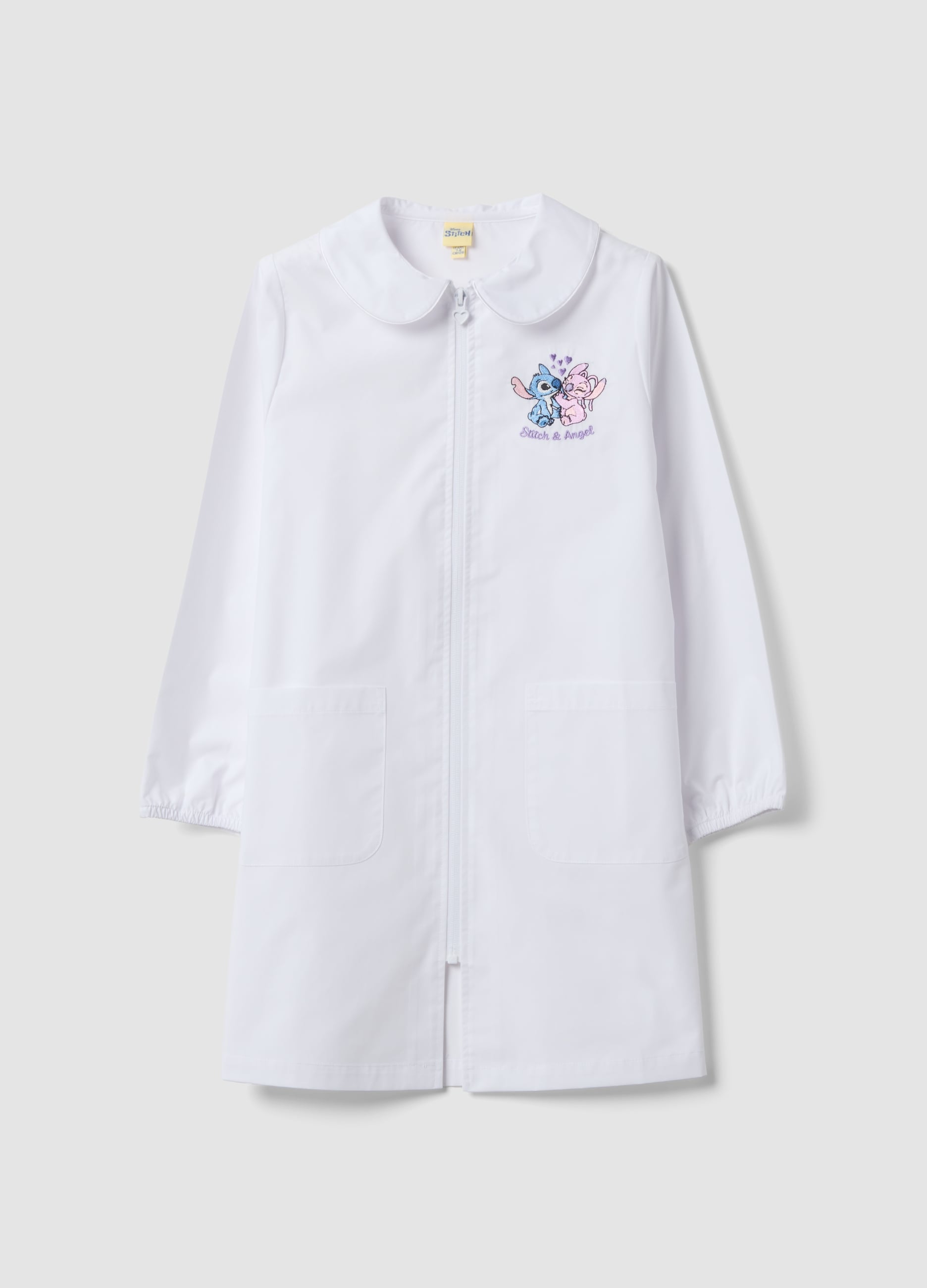 Grembiule Da Scuola Bianco Con Zip E Ricamo Stitch Per Bambina