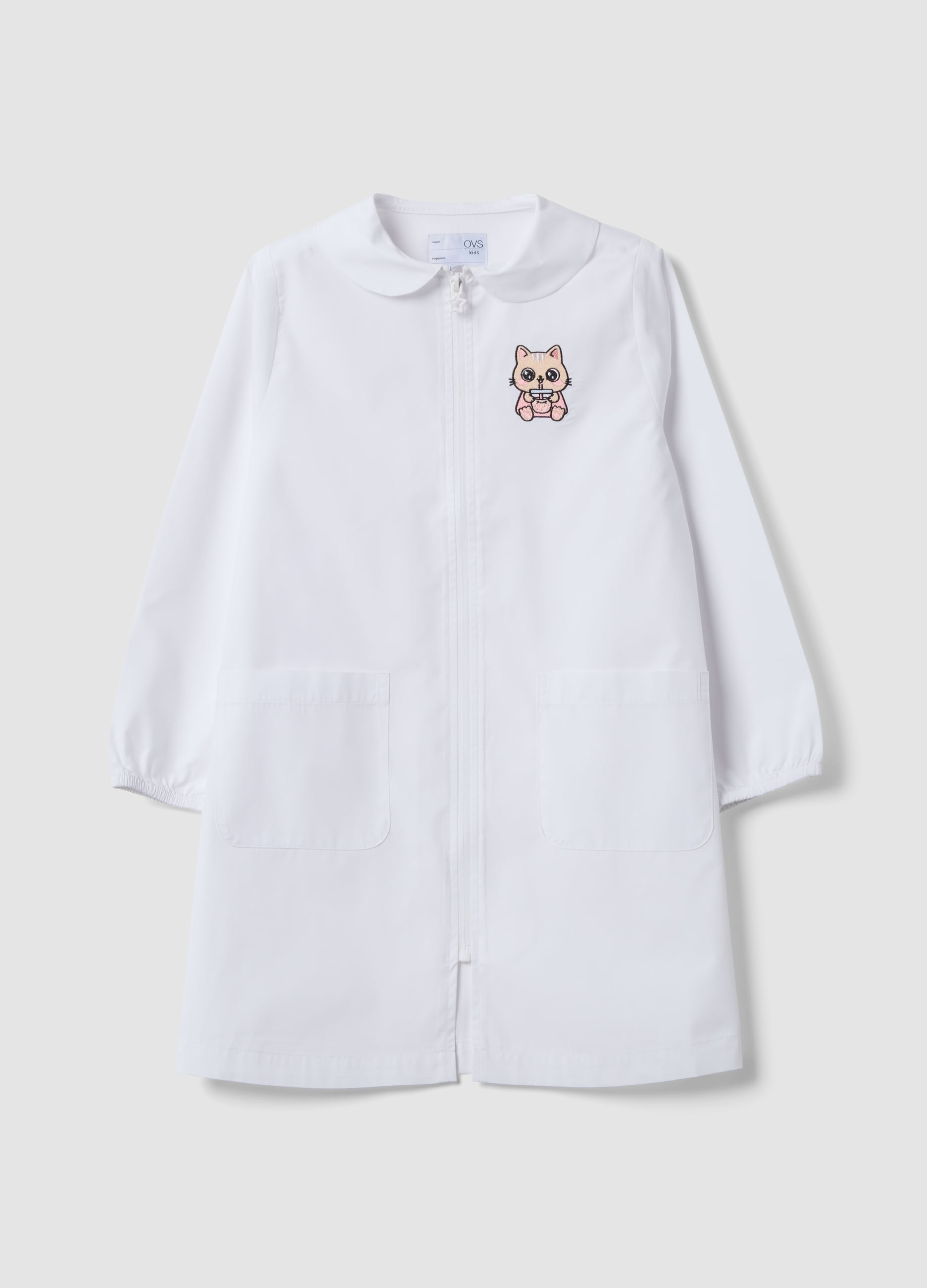 Grembiule Bianco Da Scuola Con Zip E Ricamo Gattino Per Bambina