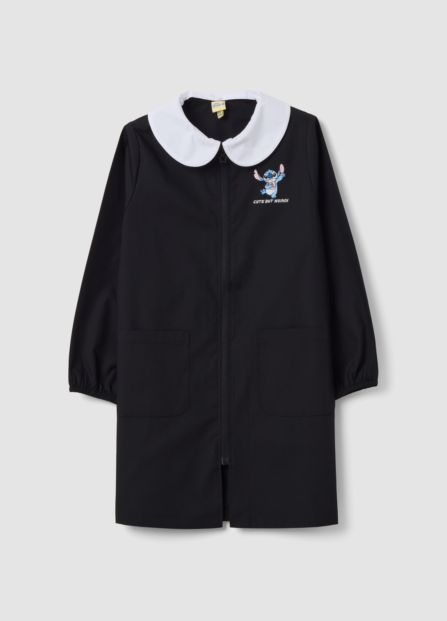 Grembiule Da Scuola Nero Con Colletto Bianco E Ricamo Stitch Per Bambina