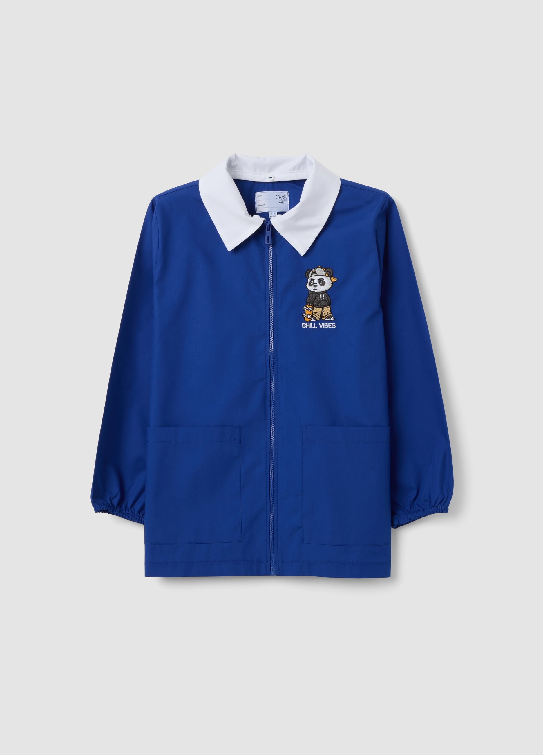 Grembiule Blu Per Scuola Con Zip E Ricamo Panda Per Bambino