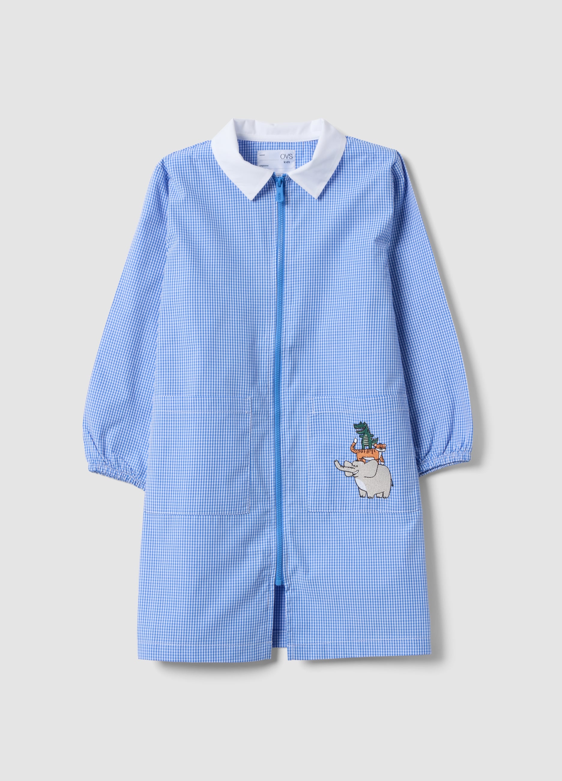 Grembiule Da Asilo Azzurro A Quadretti Con Zip E Ricamo Animaletti