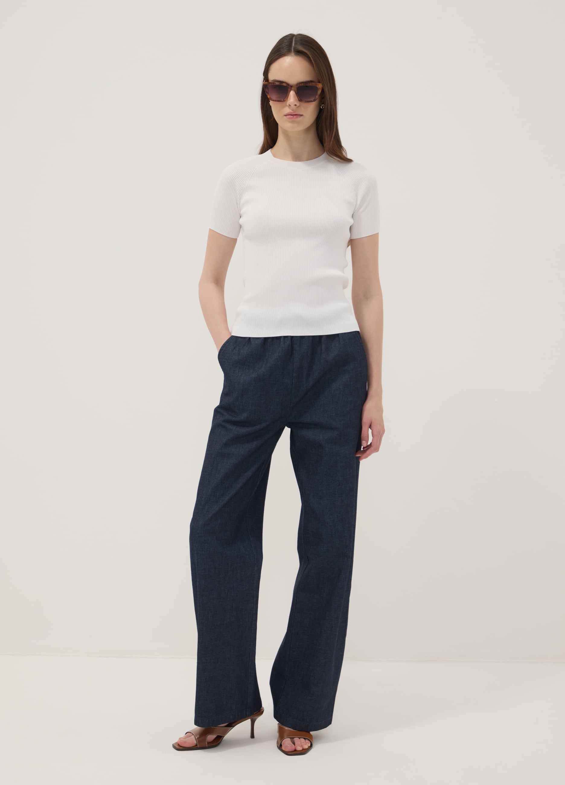 Pantaloni Denim Blu In Puro Cotone Wide Leg Con Coulisse