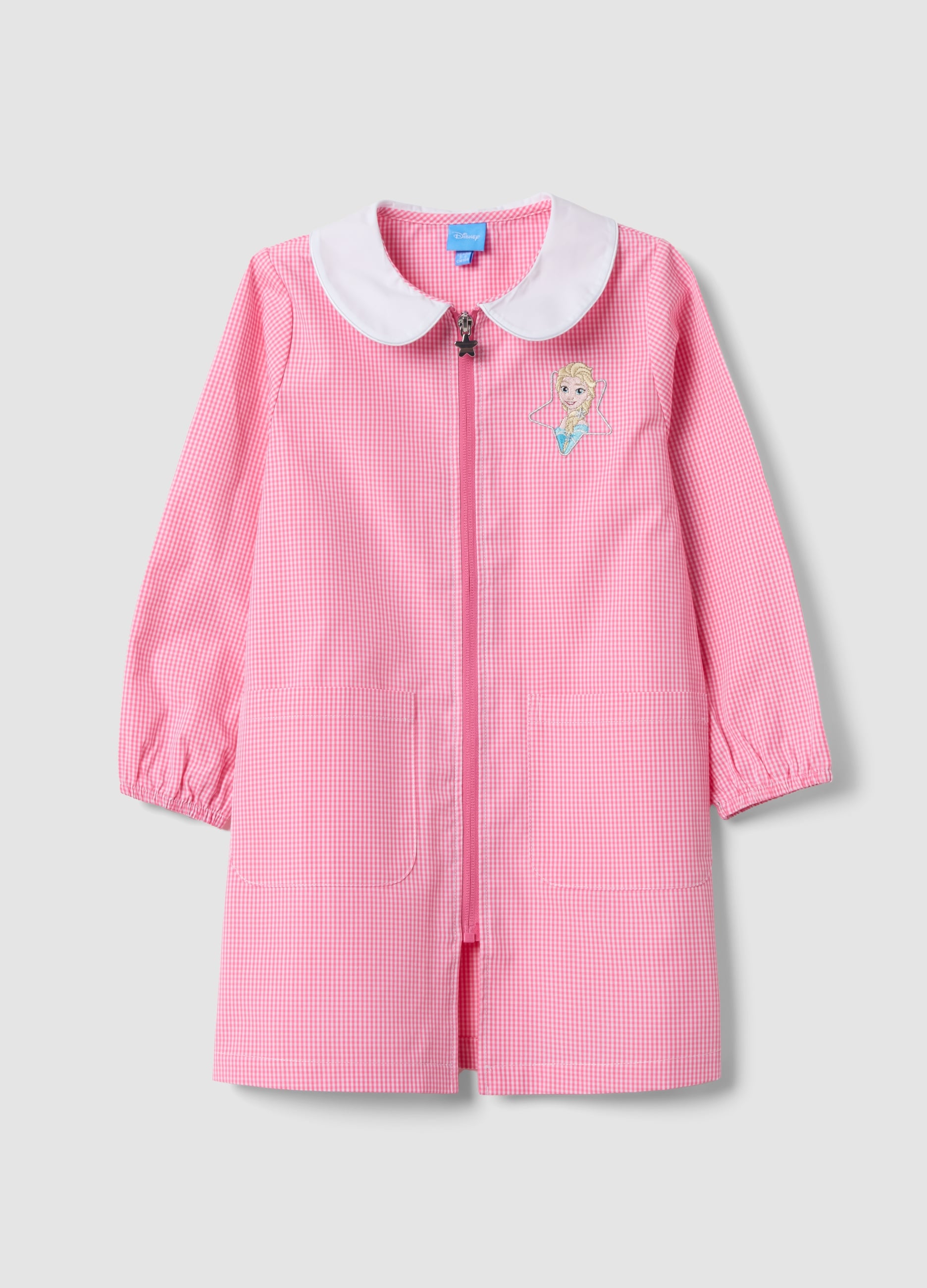 Grembiule Rosa A Quadretti Con Zip Colletto Bianco E Ricamo Frozen Per Asilo