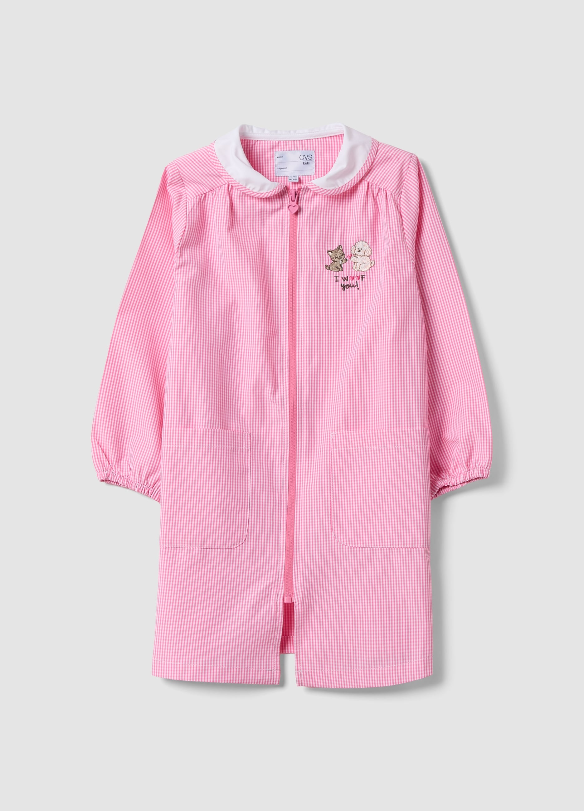 Grembiule Rosa A Quadretti Con Zip E Ricamo Animaletti Per Asilo