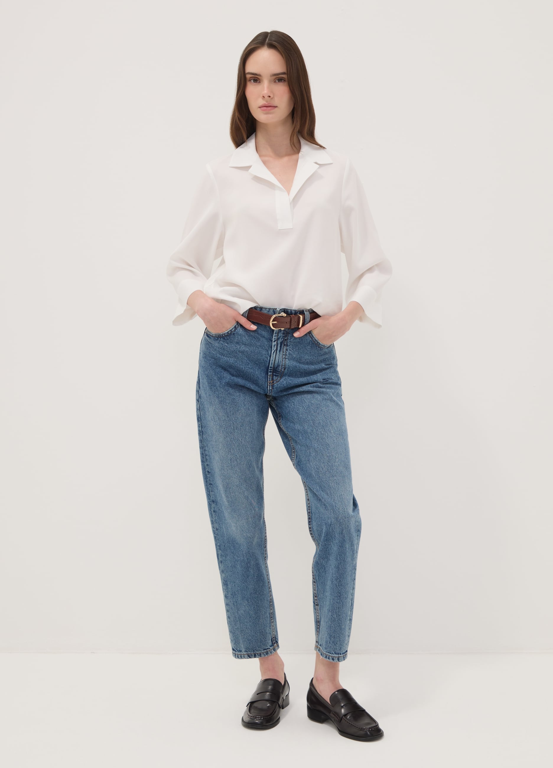 Jeans Denim Mom Fit In Puro Cotone A Vita Alta