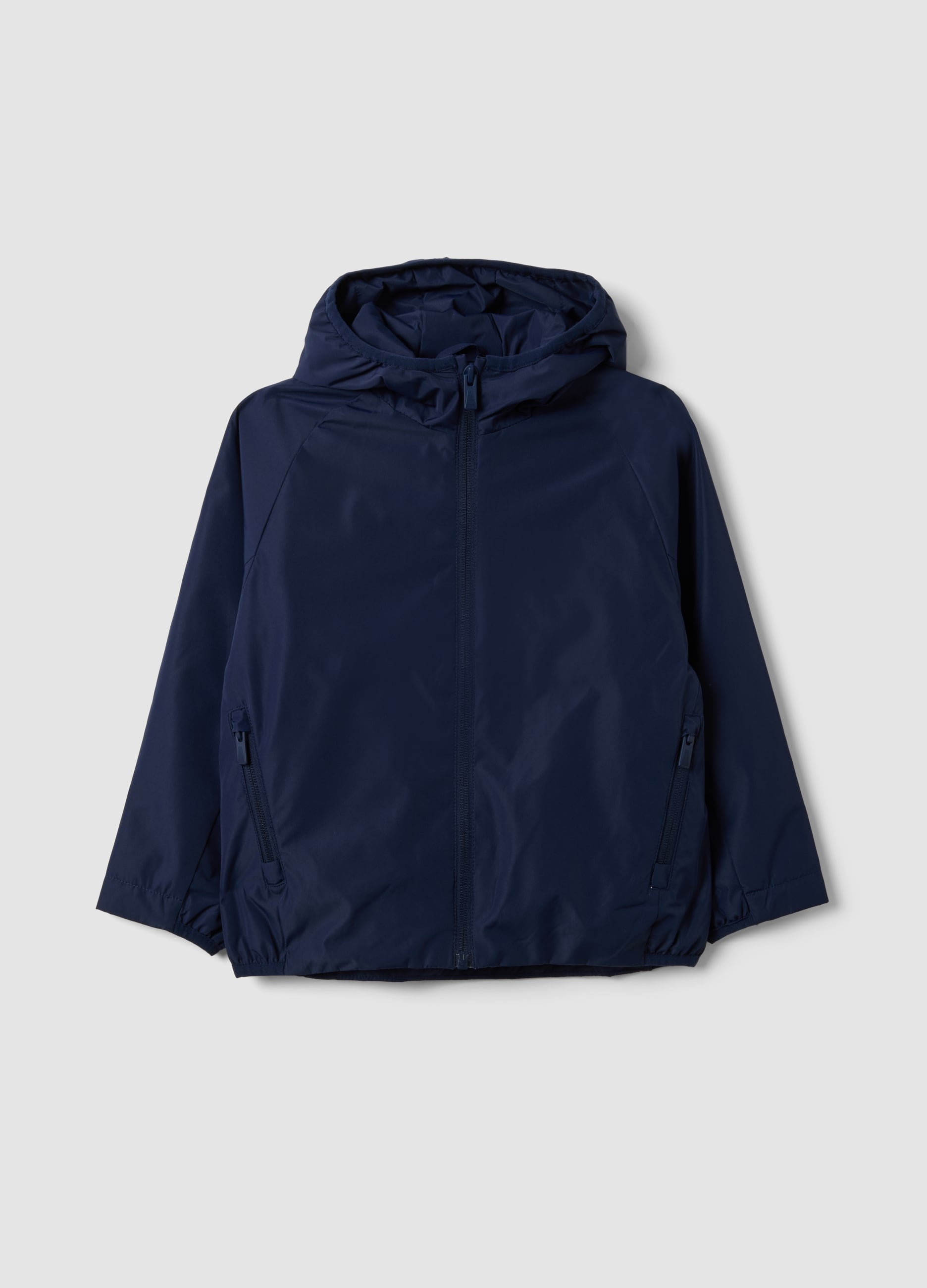 Giacca Antipioggia Blu Con Cappuccio E Zip Per Bambino