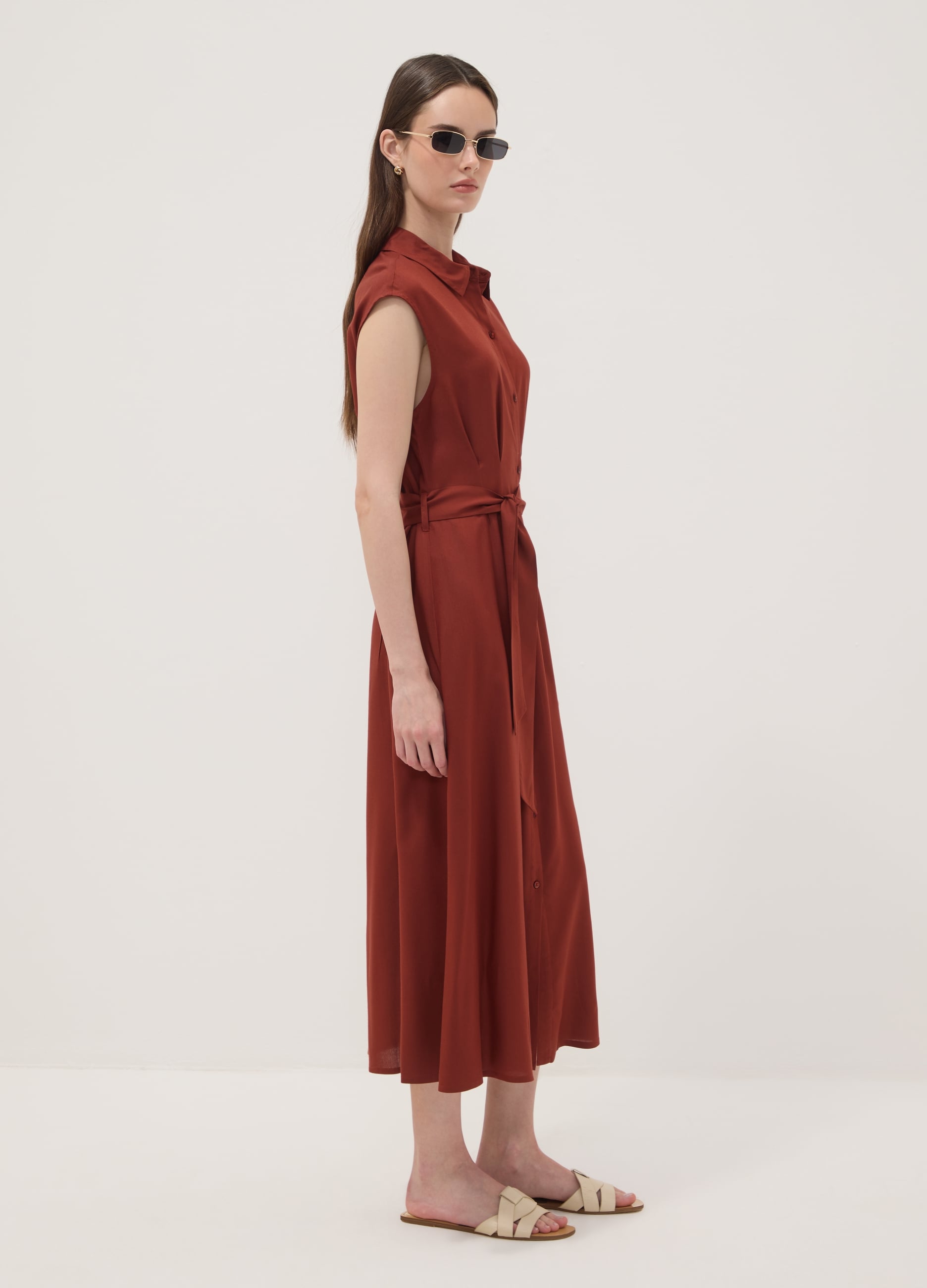 Abito Midi Rosso In Pura Viscosa Con Cintura Regular Fit