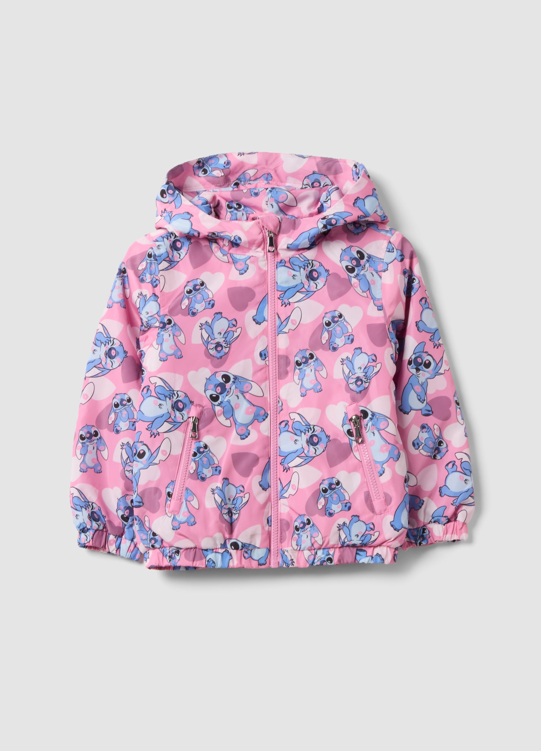 Giacca Antipioggia Rosa Imbottita Con Cappuccio E Zip E Stampe Di Lilo & Stitch