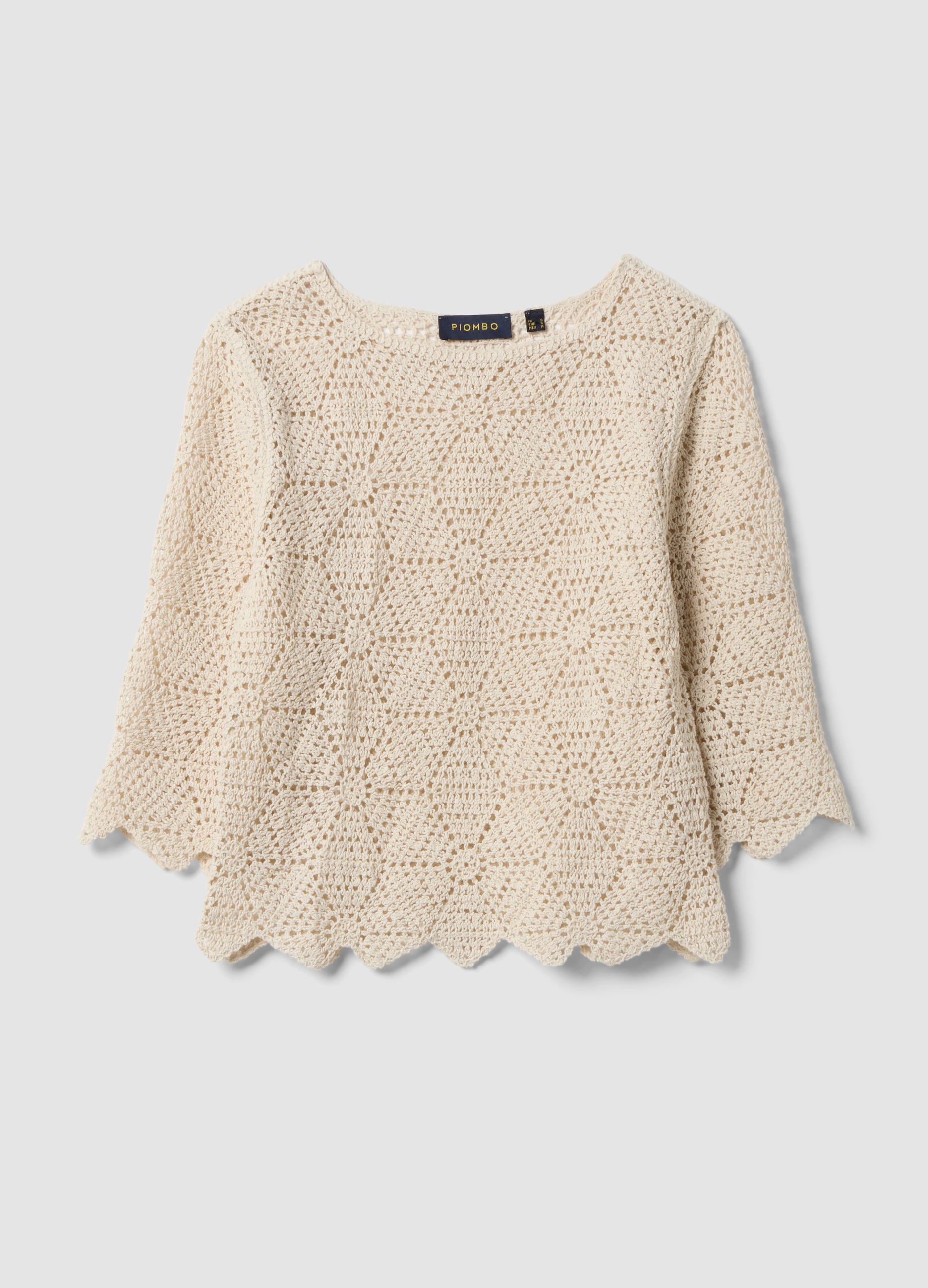 T-shirt Beige In Crochet Di Puro Cotone Regular Fit
