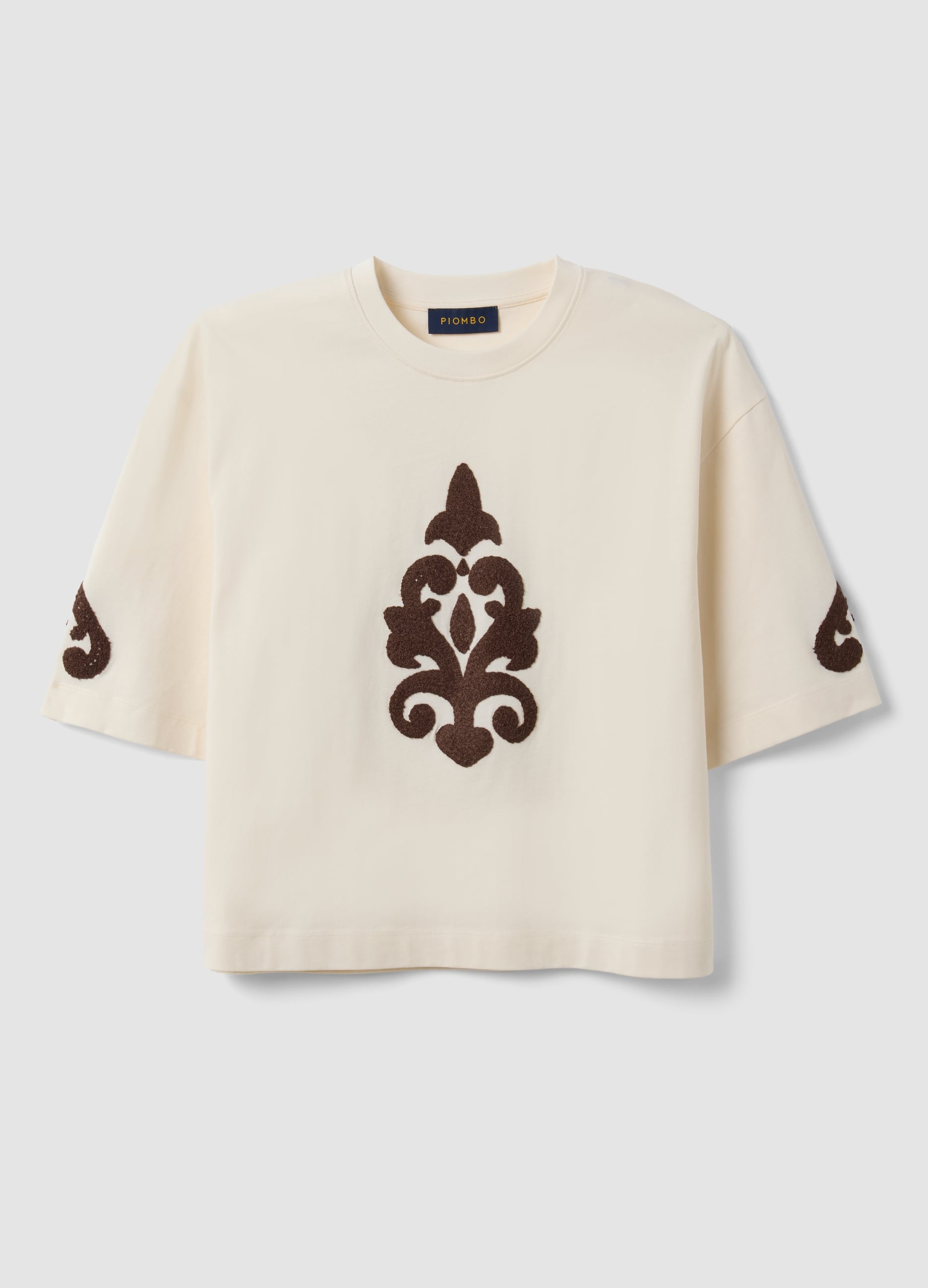 T-shirt Beige In Puro Cotone Con Ricami Regular Fit