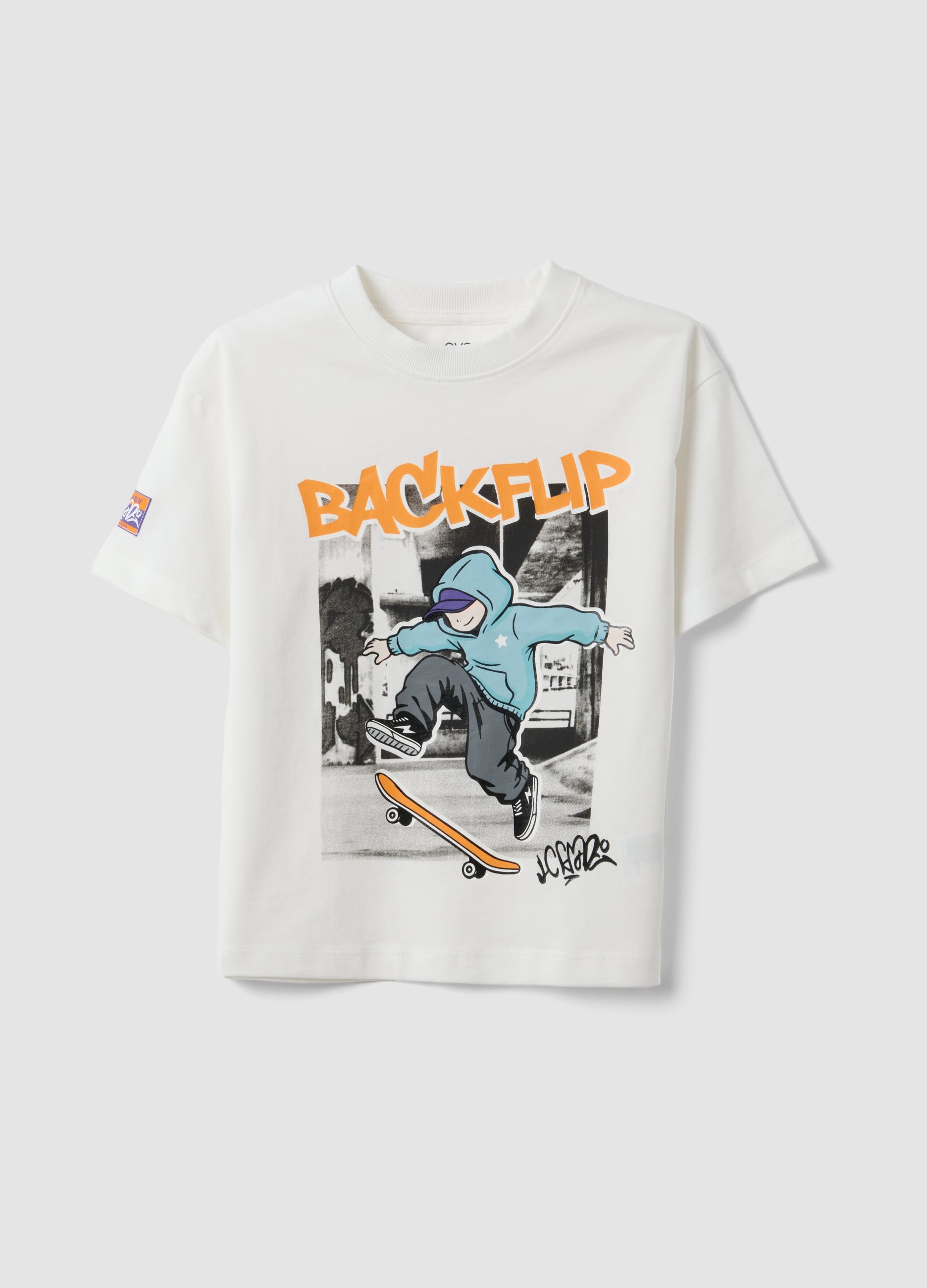 T-shirt Over Fit Bianca In Puro Cotone Con Stampa Skate Per Bambino