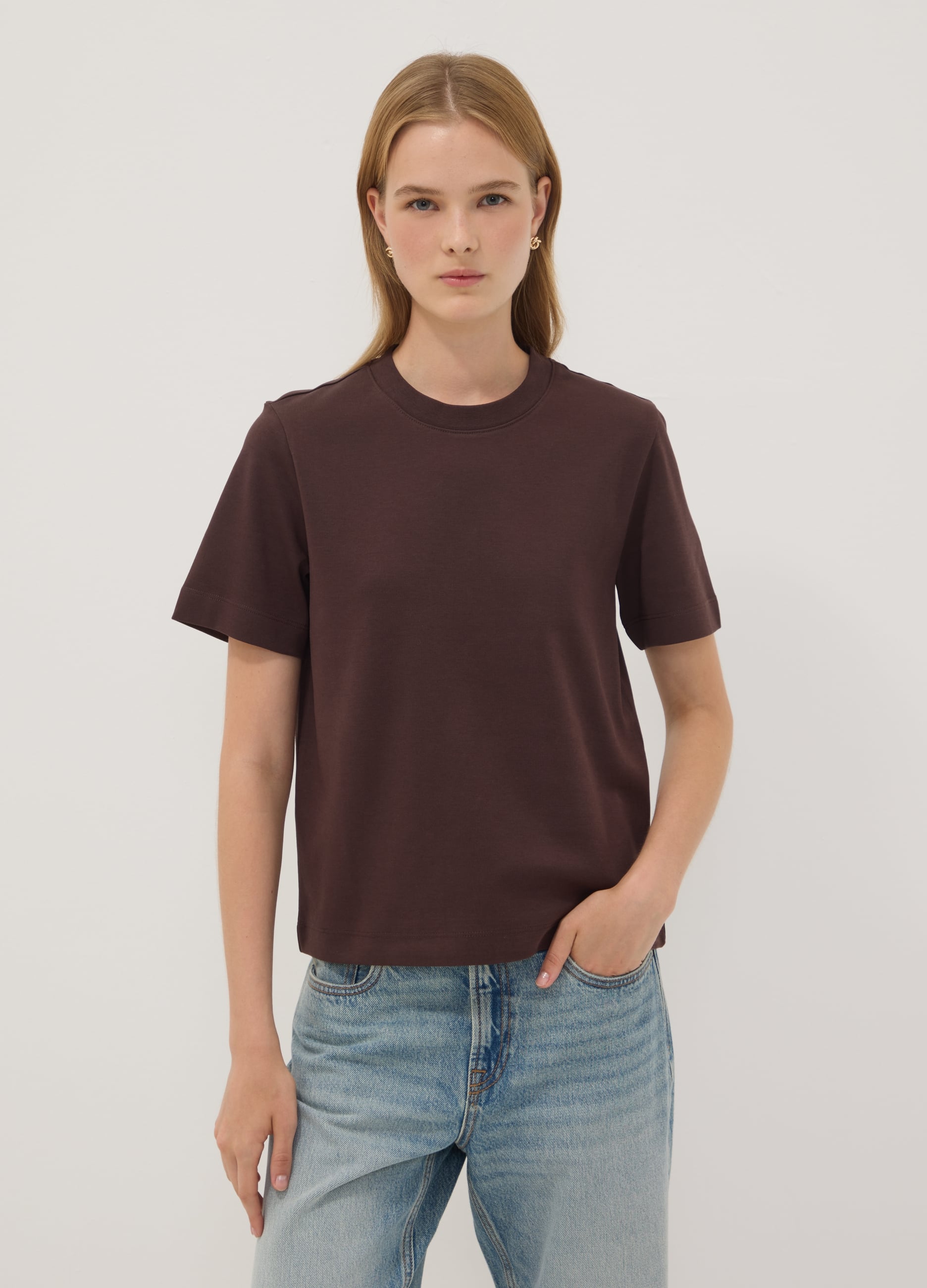 T-shirt Relaxed Fit Marrone In Puro Cotone A Maniche Corte