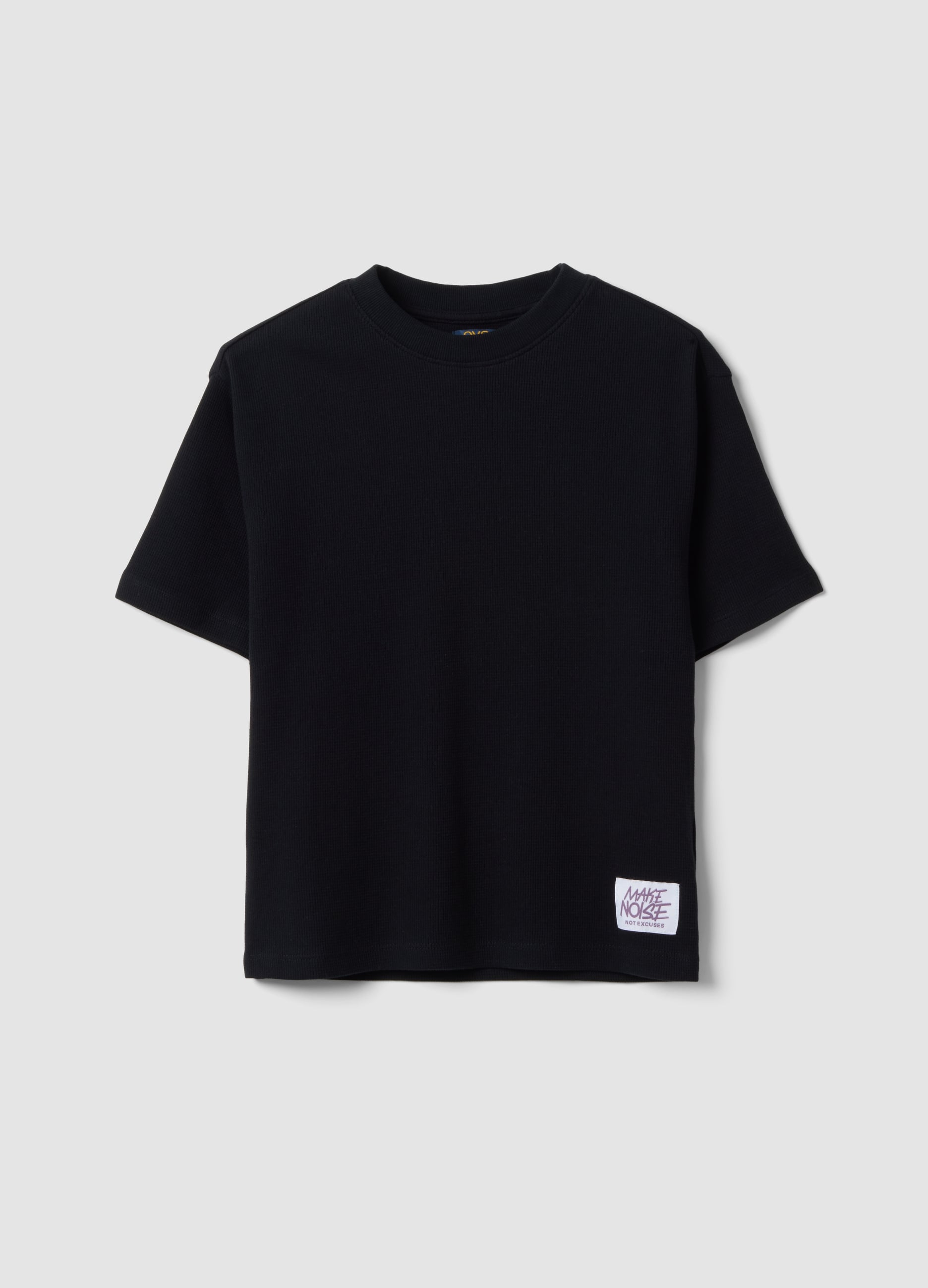 T-shirt Over Nera In Puro Cotone Organico Con Texture Nido D'ape Per Ragazzo