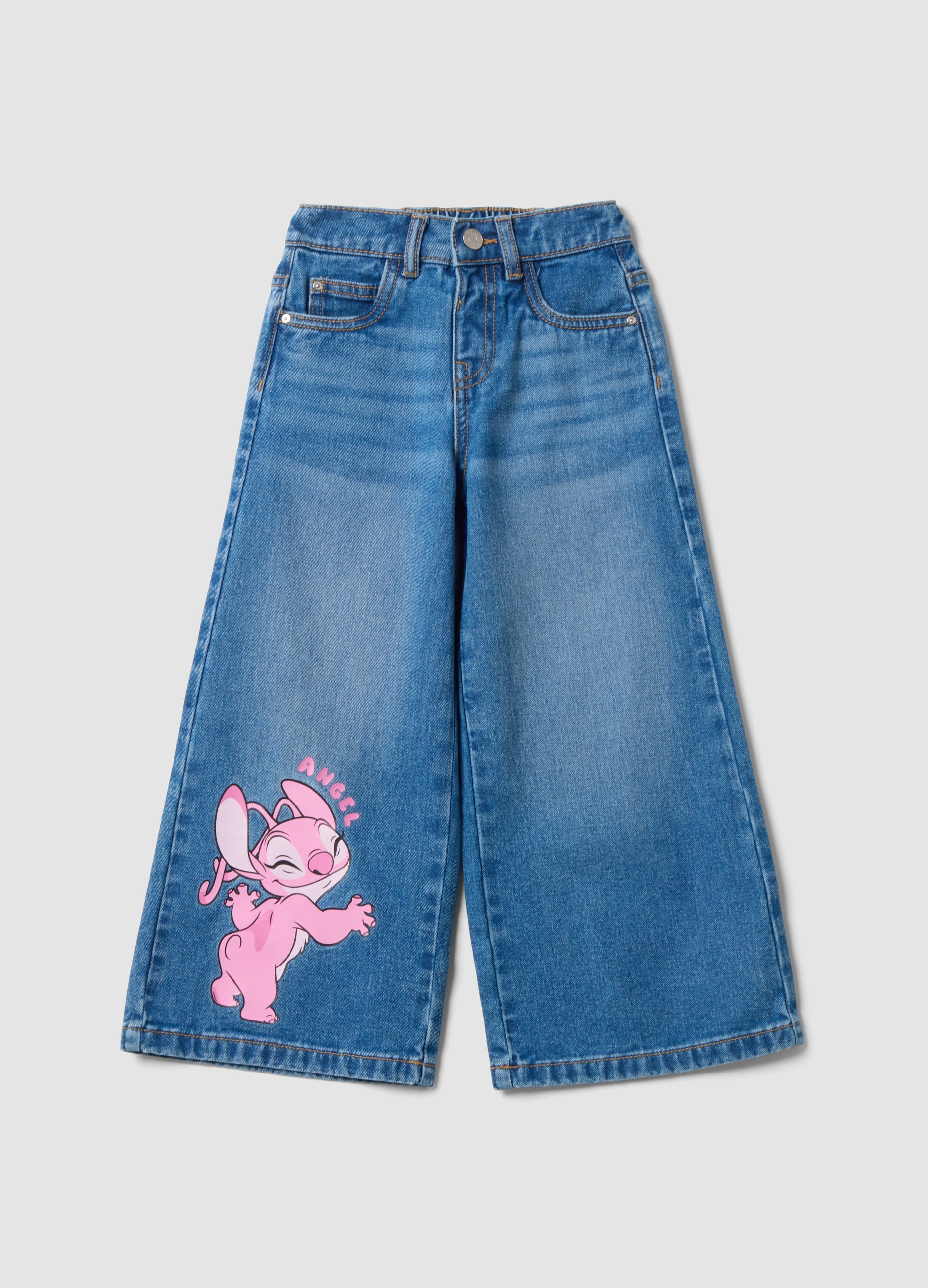 Jeans Denim Blu In Puro Cotone Wide Leg Con Stampa Lilo & Stitch Per Bambina
