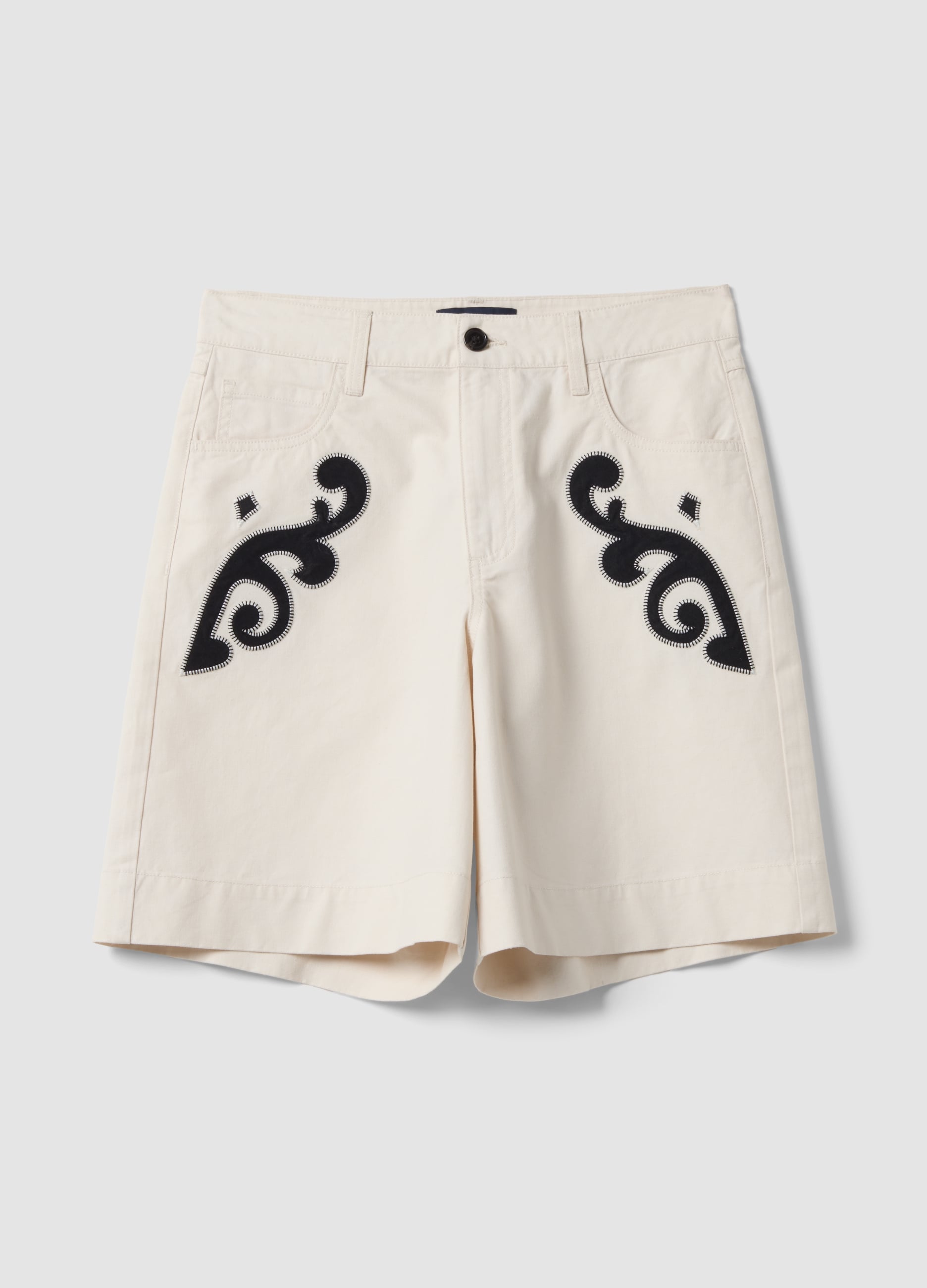 Shorts Bianchi In Misto Lino E Lyocell Con Ricami A Contrasto Regular Fit