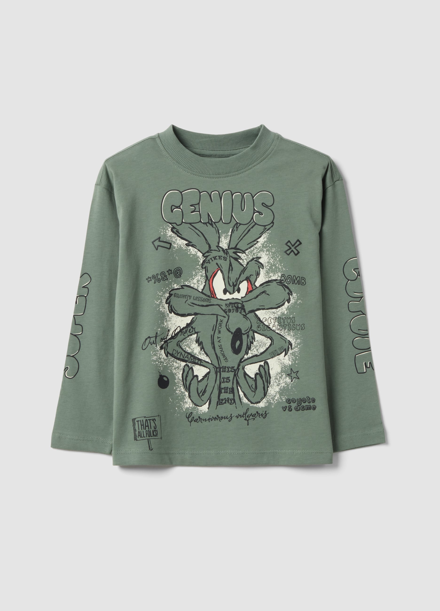 T-shirt Verde A Maniche Lunghe In Puro Cotone Con Stampa Looney Tunes Per Bambino