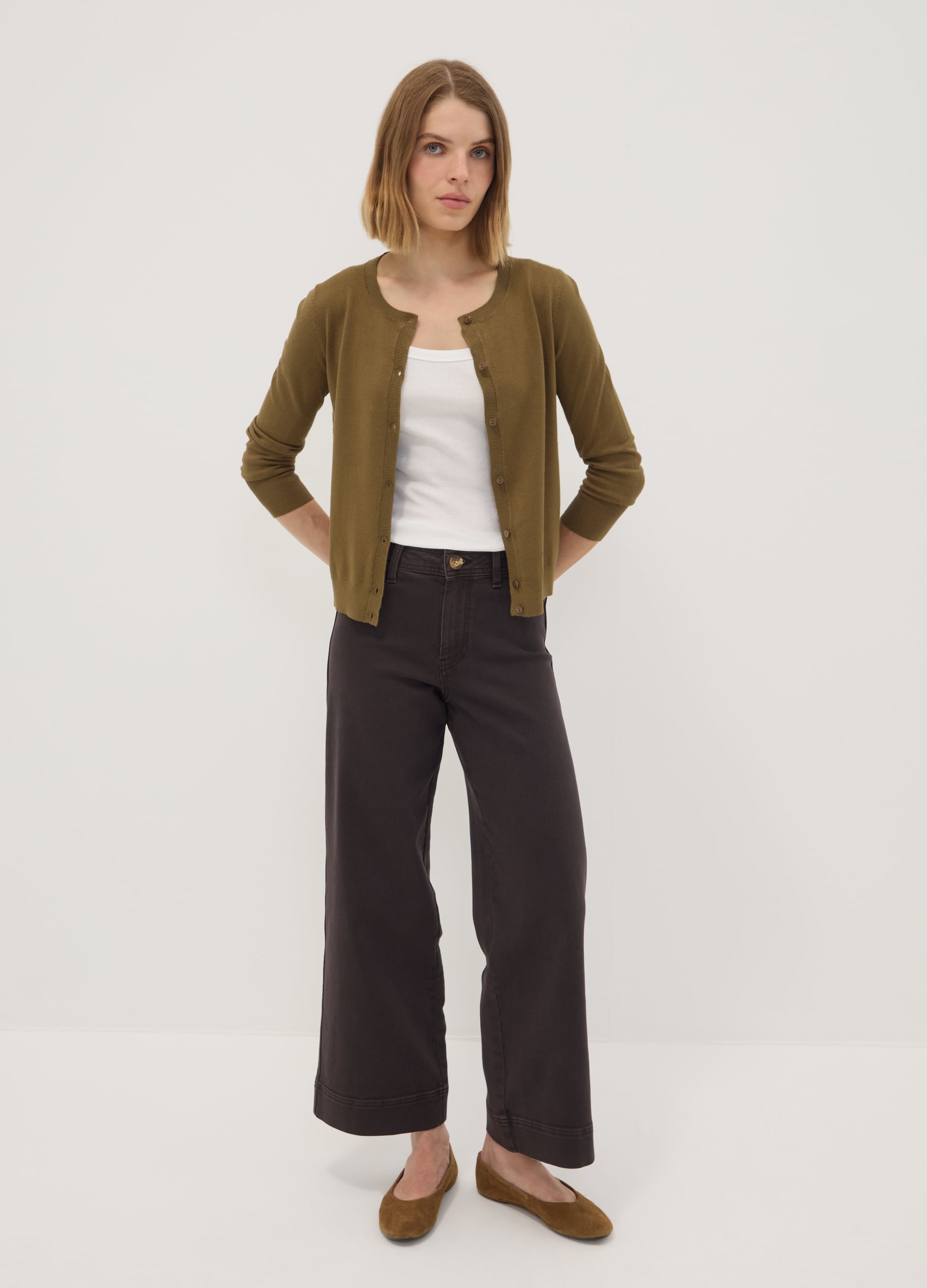 Jeans Marroni Wide Leg In Cotone Elasticizzato