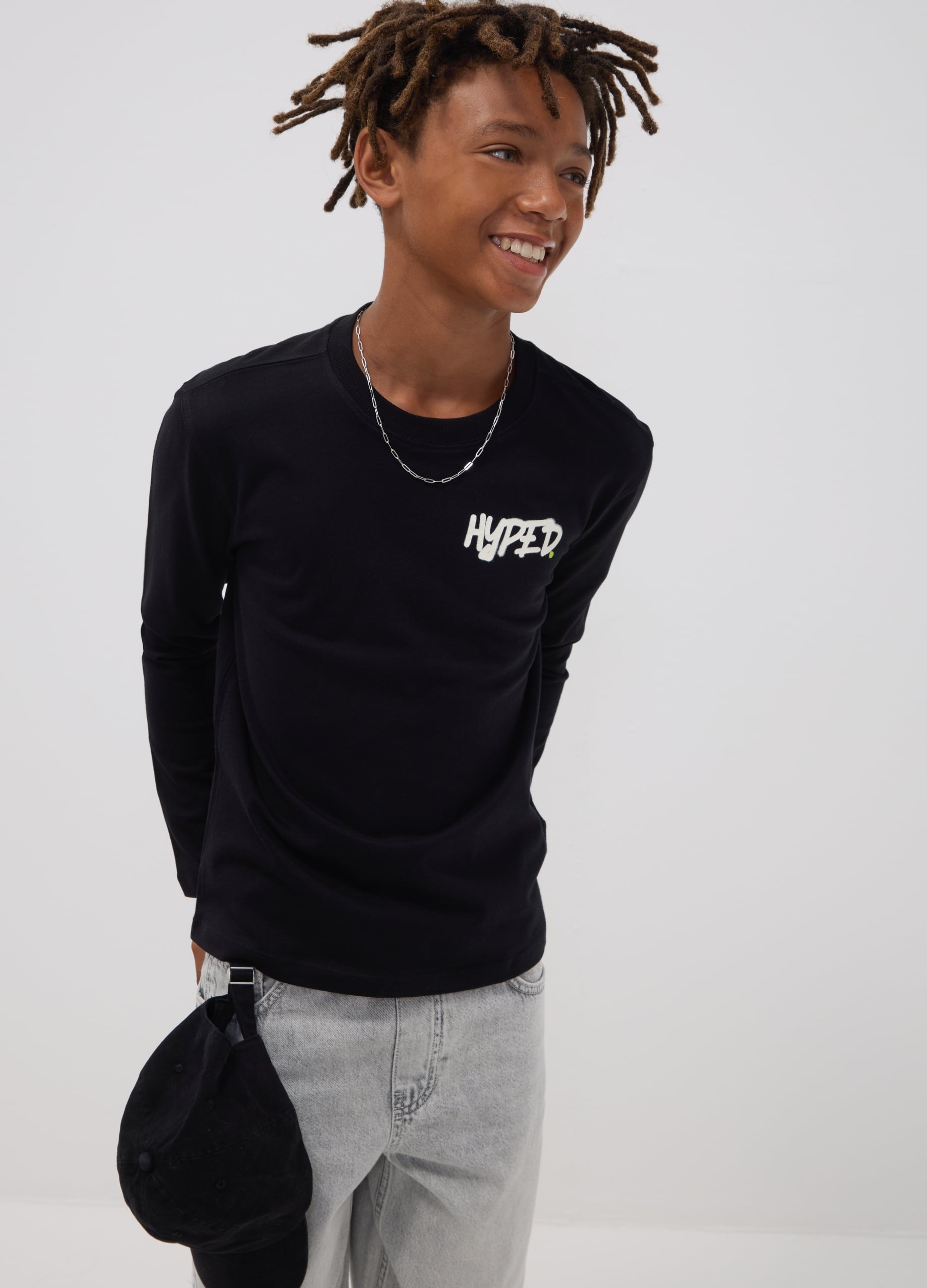 T-shirt Nera In Puro Cotone Organico Con Stampa "hyped" Per Ragazzo