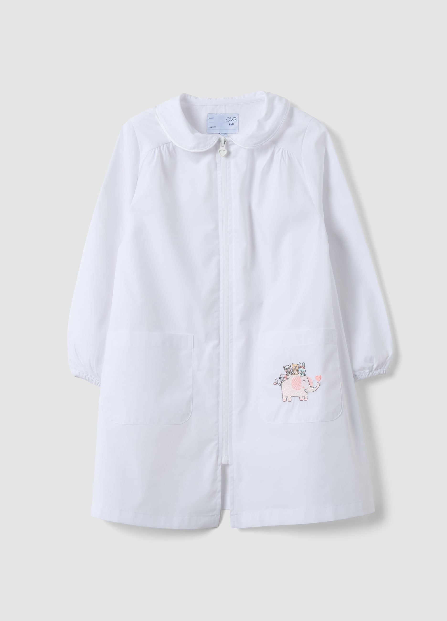 Grembiule Bianco Per L'asilo Con Ricamo Animaletti Per Bambina
